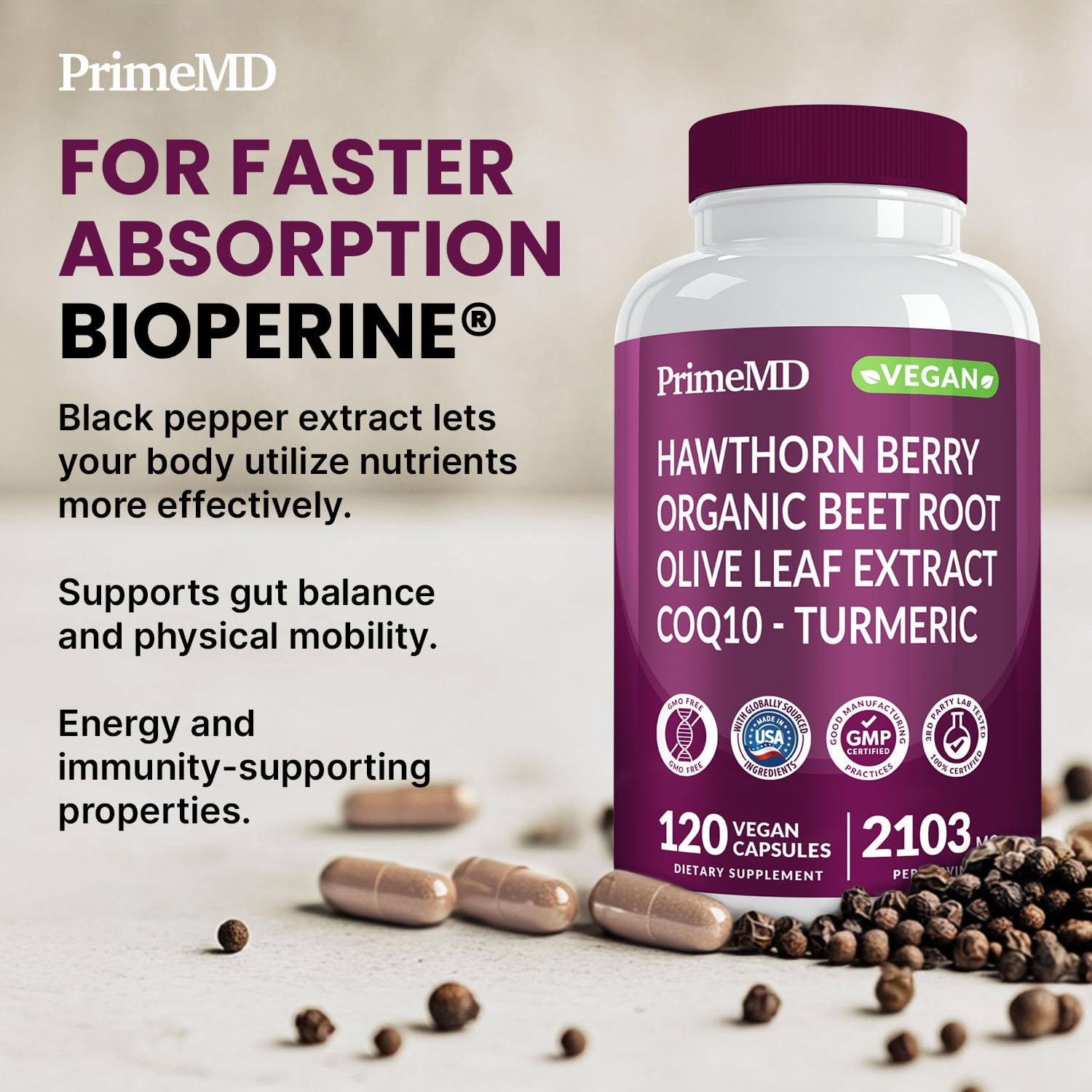 PrimeMD hawthorn berry and garlic outline suggesting traditional herbal support