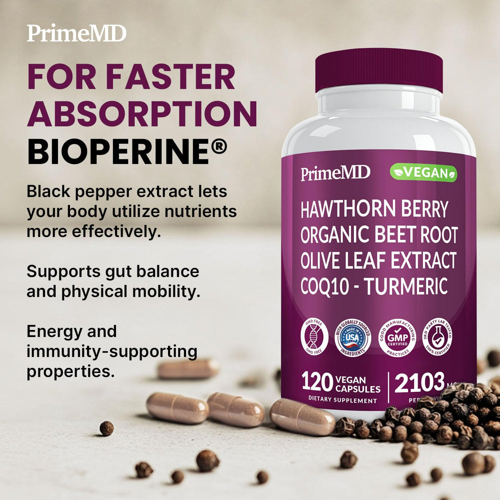 PrimeMD hawthorn berry and garlic outline suggesting traditional herbal support