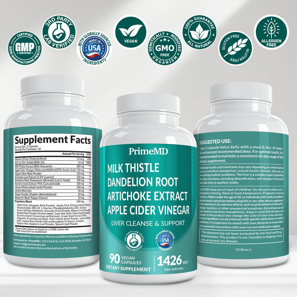 PrimeMD bottle label for 32-in-1 liver support highlights ingredients