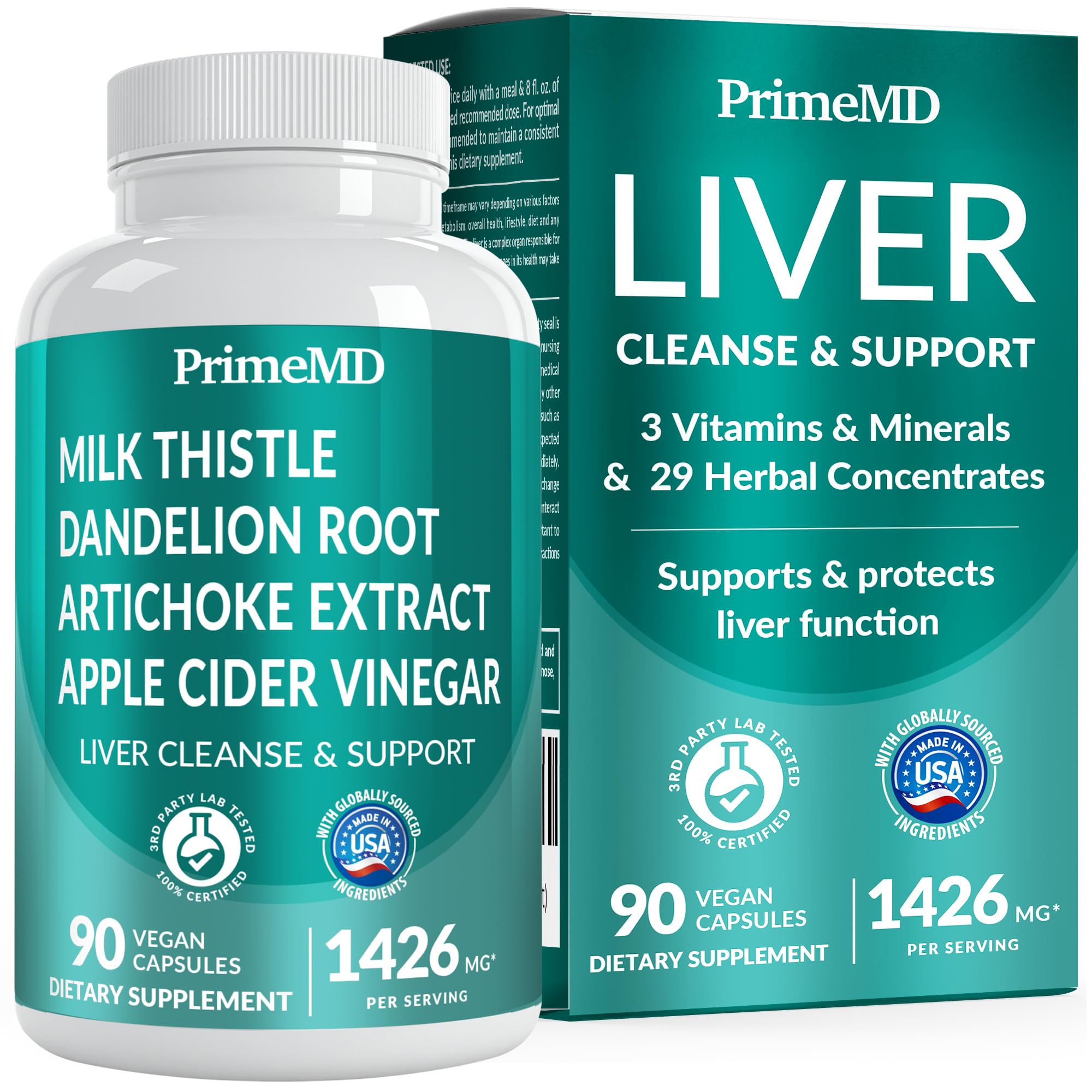 PrimeMD 32-in-1 liver support bottle label highlighting a comprehensive liver care formula