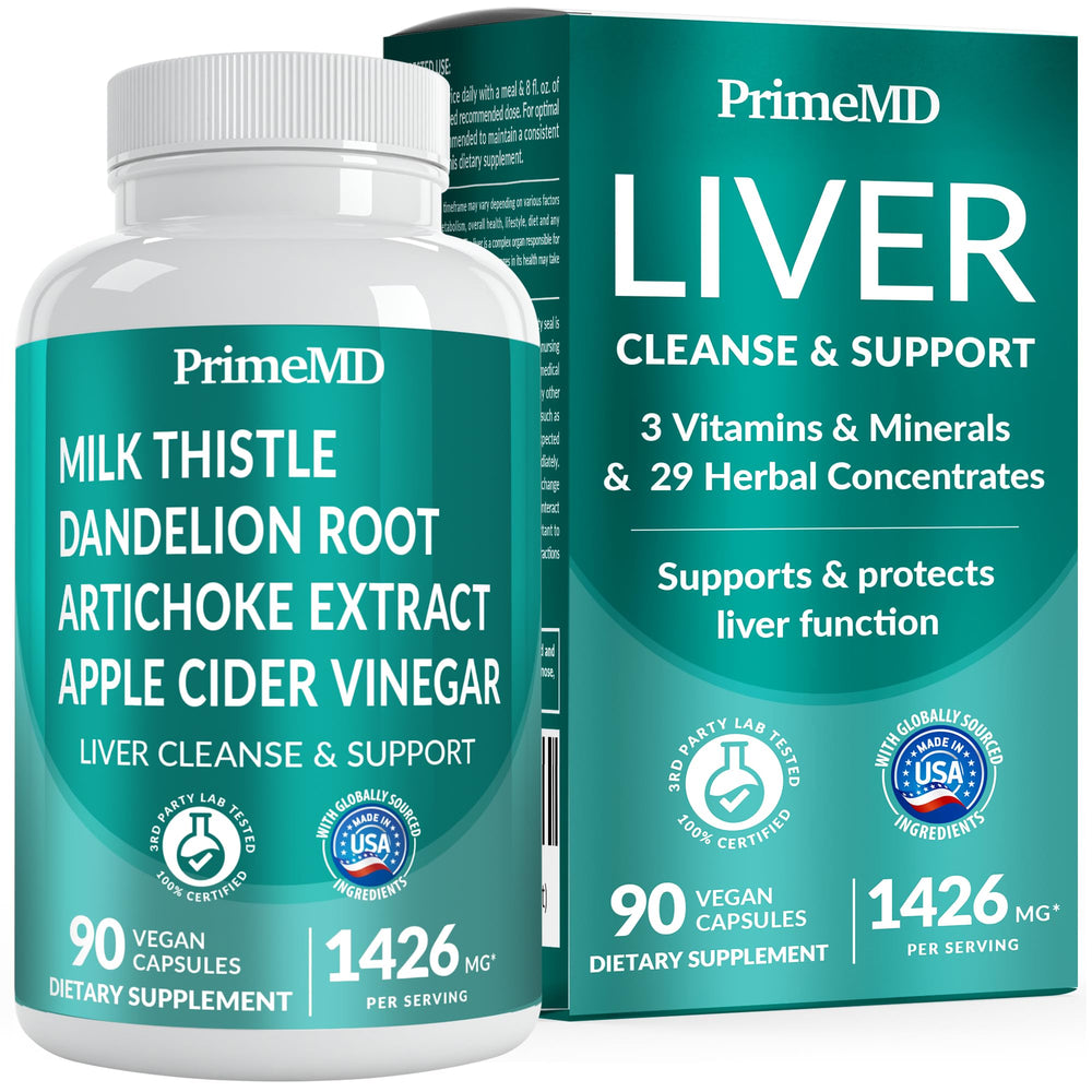 PrimeMD 32-in-1 liver support bottle label highlighting a comprehensive liver care formula