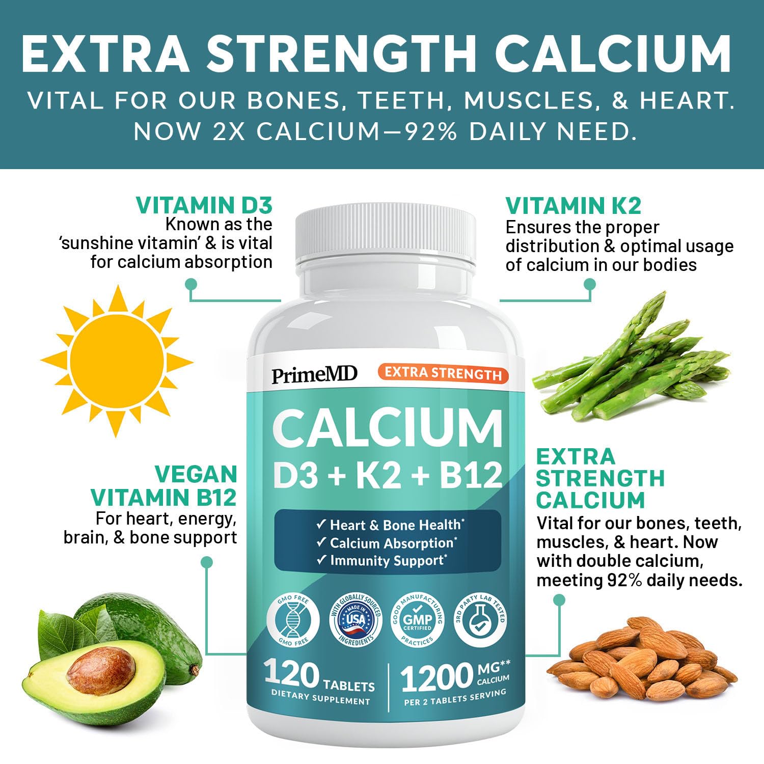 PrimeMD 4-in-1 calcium-d3-k2 ingredients panel highlighting D3 and K2.