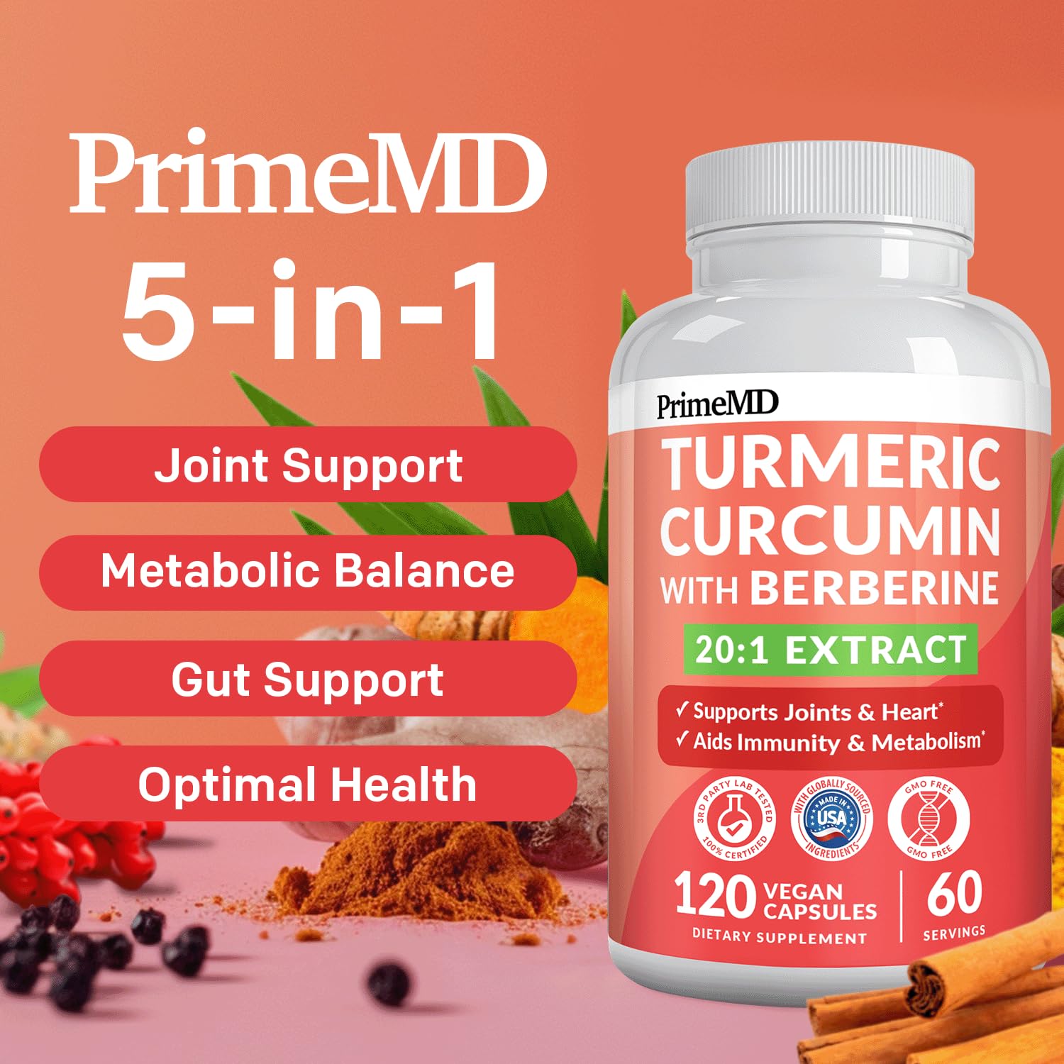 PrimeMD capsules close-up showing vegan blend supporting joints and digestion.