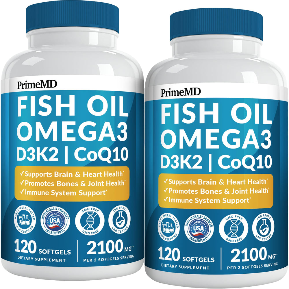 PrimeMD 5-in-1 Fish Oil bottle-front highlights lemon flavor for daily wellness