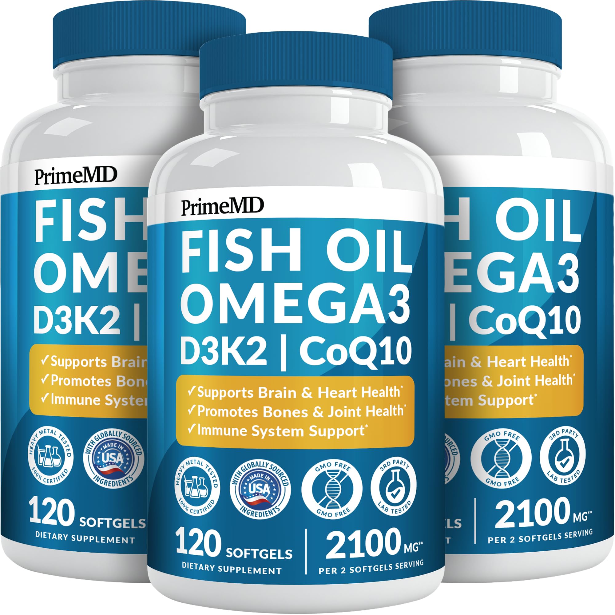 PrimeMD 5-in-1 fish oil bottle with lemon flavor for daily wellness.