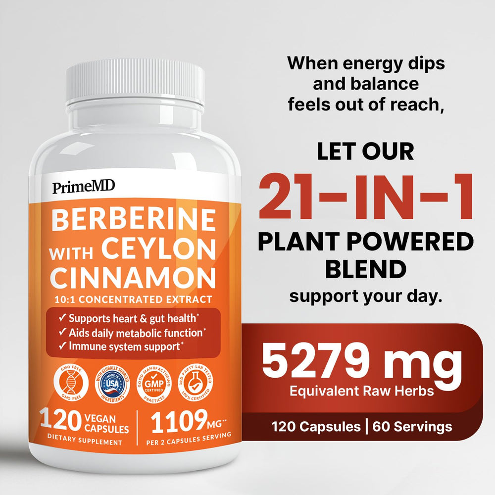 PrimeMD berberine cinnamon capsules ready for daily energy support.