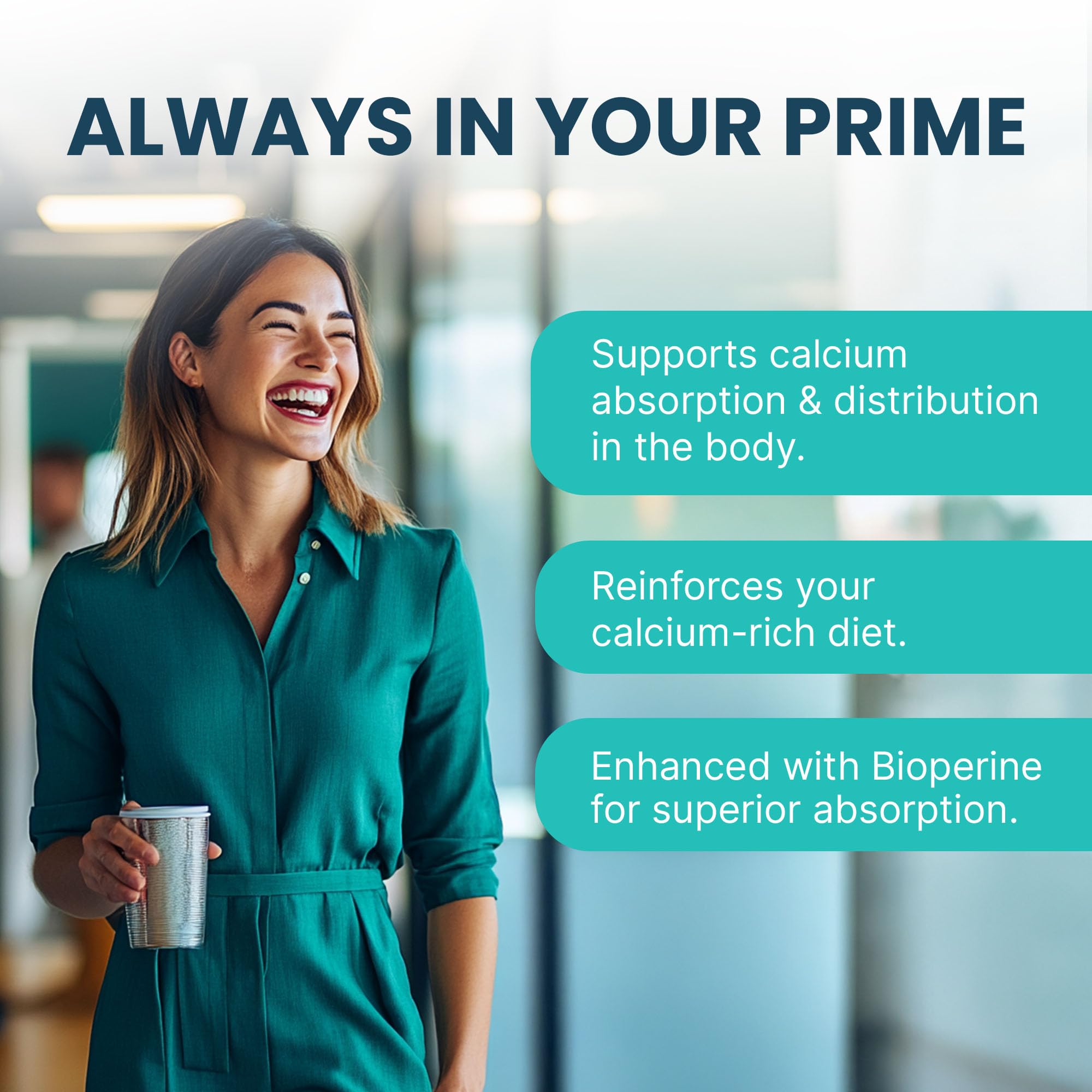 PrimeMD bottle with science icons highlighting key nutrients.