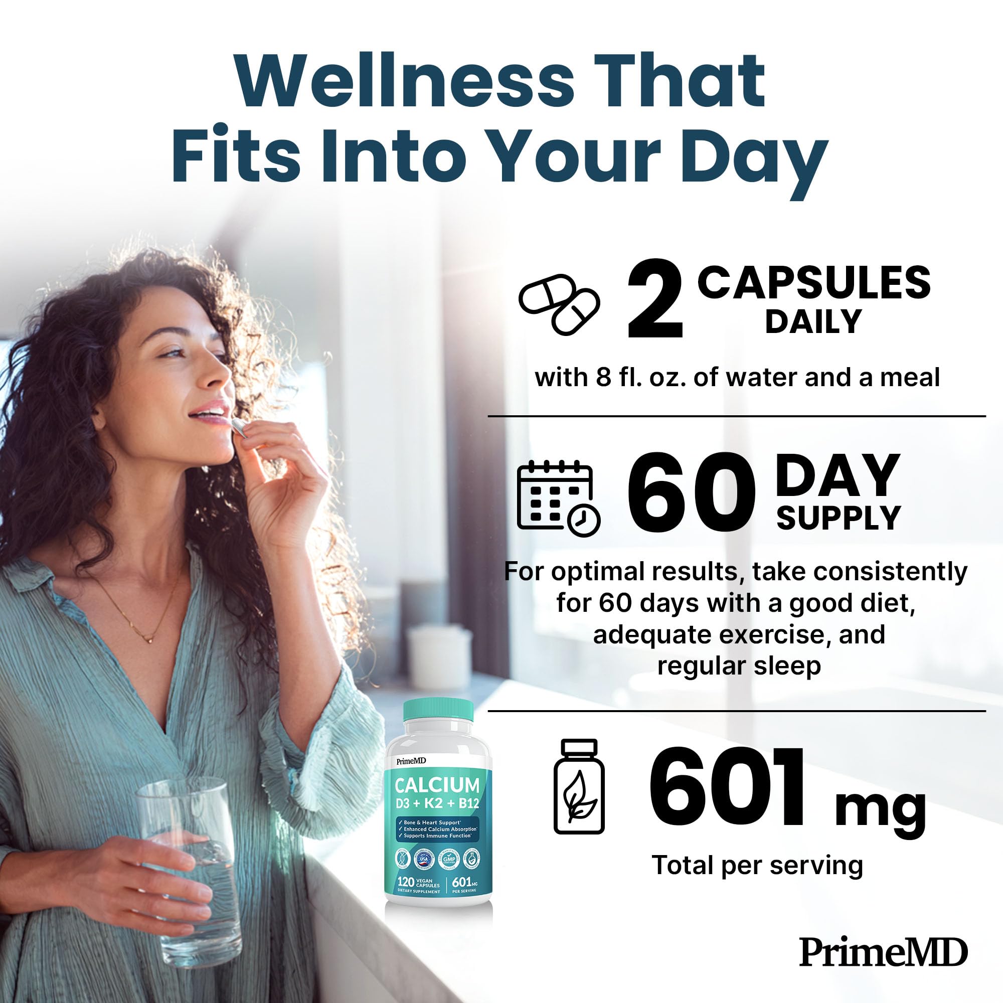 PrimeMD calcium capsule close-up showing 601.25 mg per capsule for bone support.