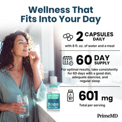 PrimeMD calcium capsule close-up showing 601.25 mg per capsule for bone support.