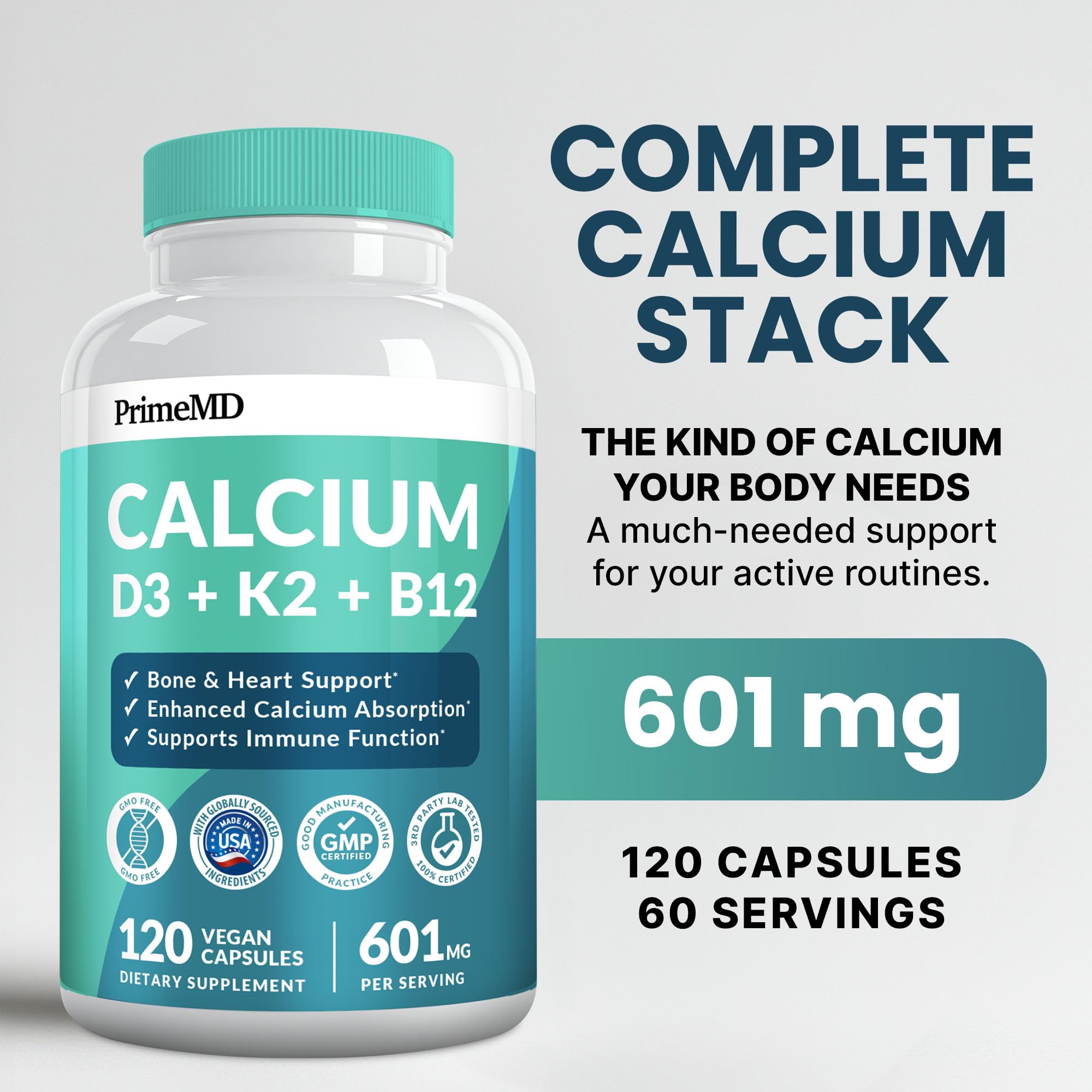 PrimeMD calcium bottle close-up emphasizing D3 and K2 for balance.