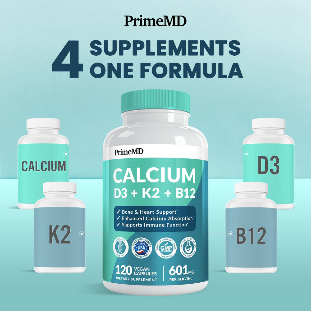 PrimeMD calcium D3 K2 bottle back with serving details for daily wellness