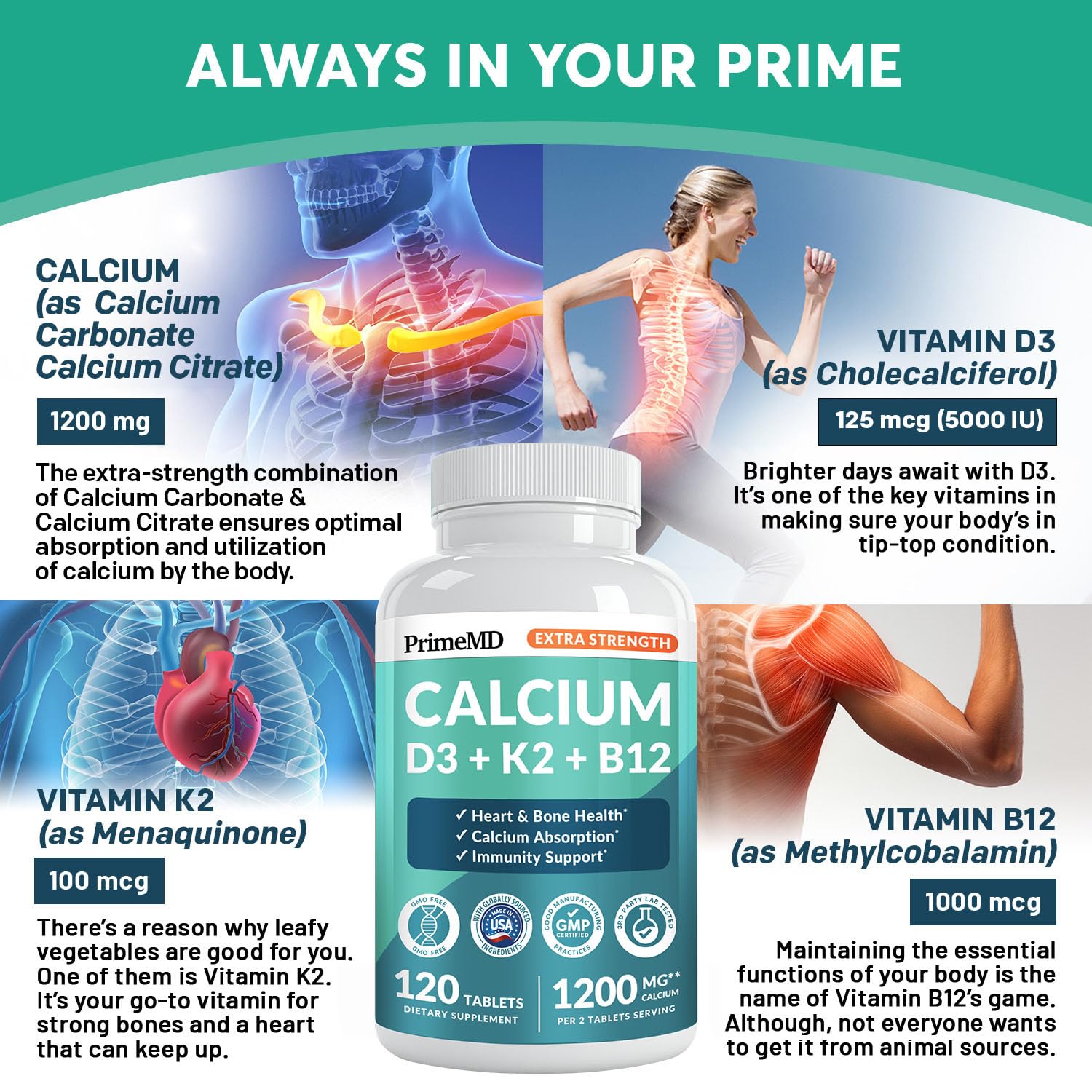 PrimeMD calcium tablets close-up showing 1200 mg per serving.