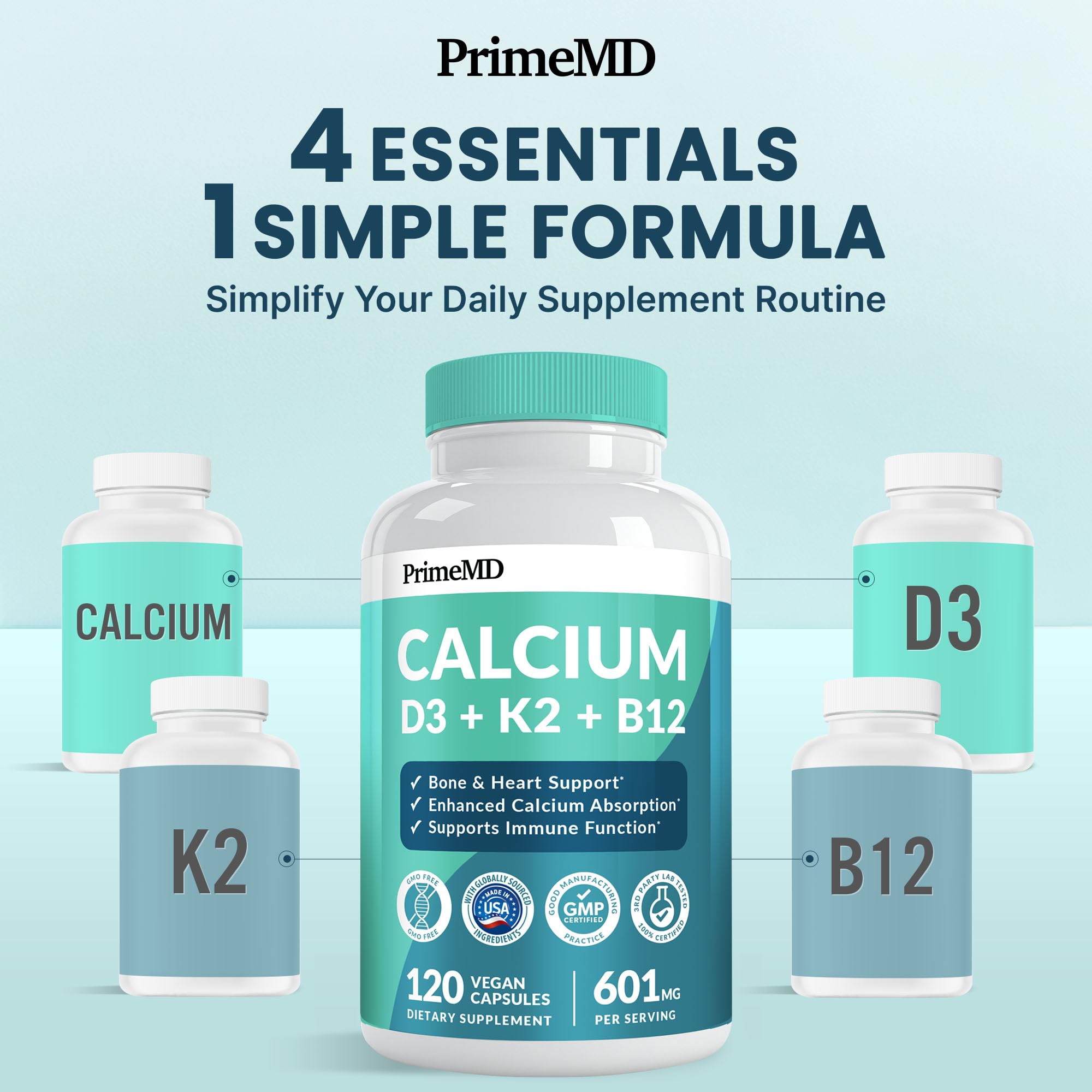PrimeMD vegan-friendly gluten-free calcium capsules ready for daily use.