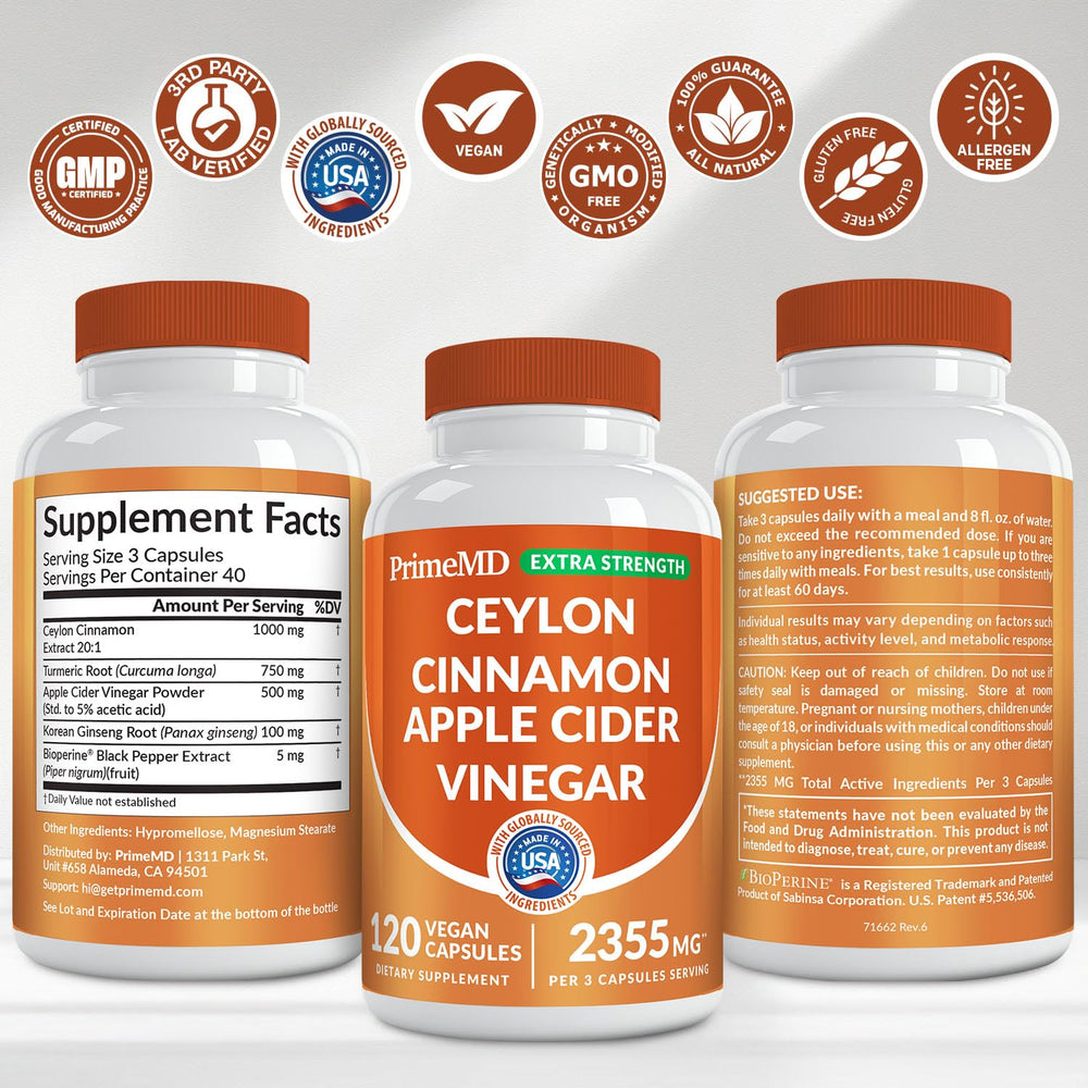 PrimeMD label close-up highlights turmeric, apple cider vinegar, and ginseng blend