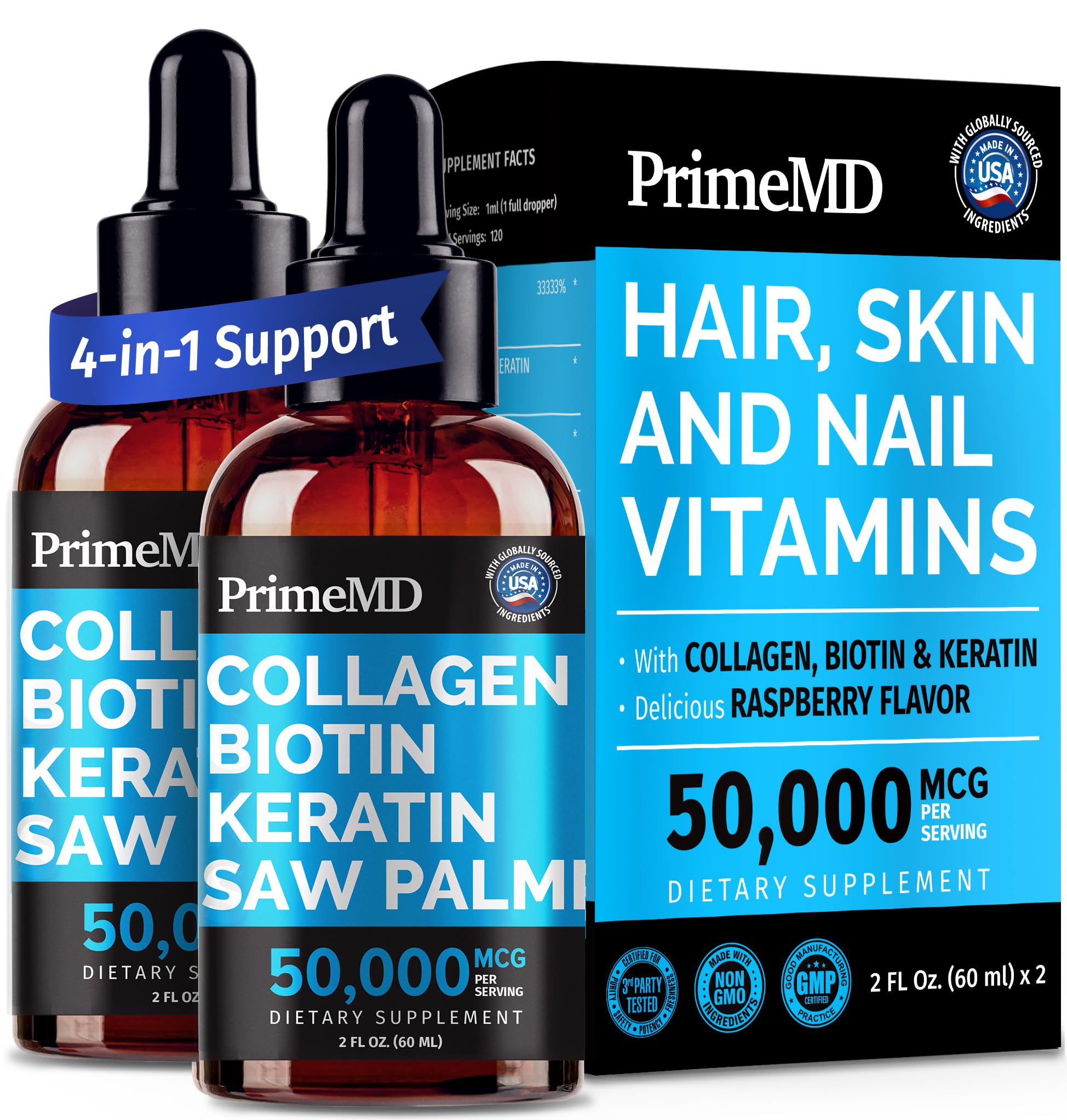 PrimeMD liquid collagen bottle highlighting skin and hair vitality