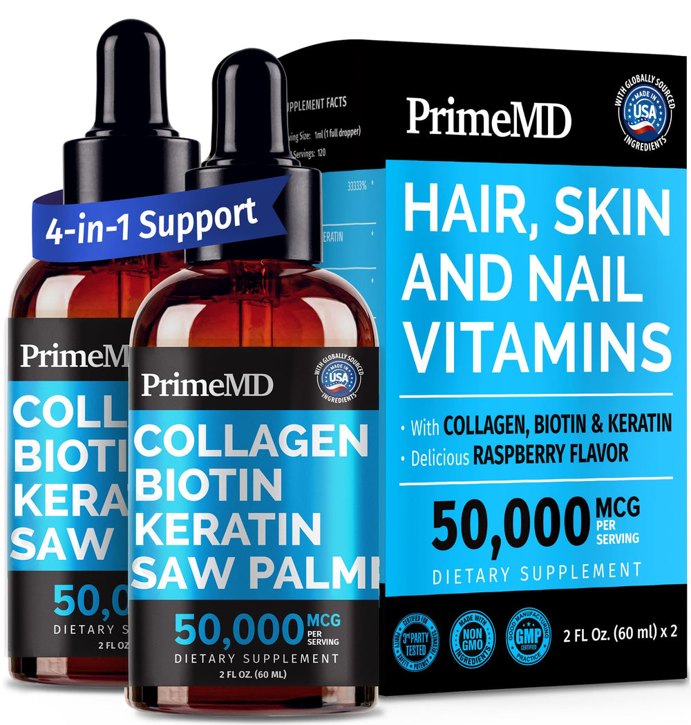 PrimeMD liquid collagen bottle highlighting skin and hair vitality