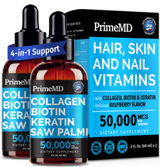 PrimeMD liquid collagen bottle highlighting skin and hair vitality
