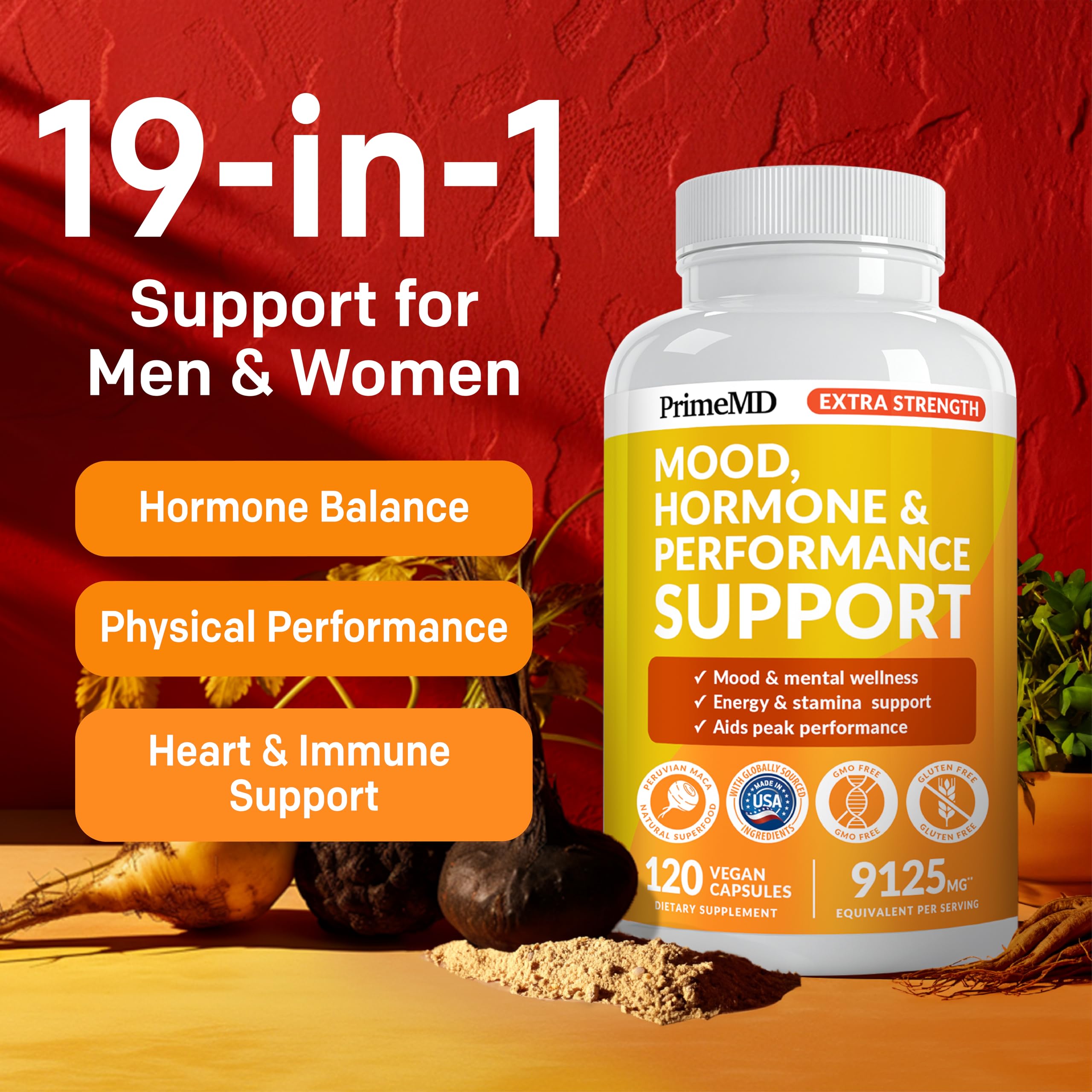 PrimeMD maca capsules being poured for on-the-go energy support.