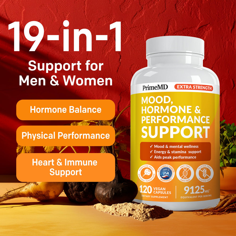 PrimeMD maca capsules being poured for on-the-go energy support.