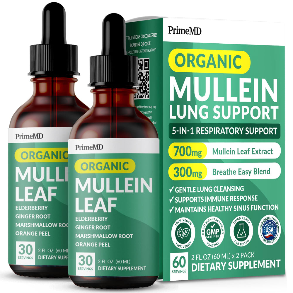PrimeMD Mullein Drops bottle for daily lungs wellness routine.