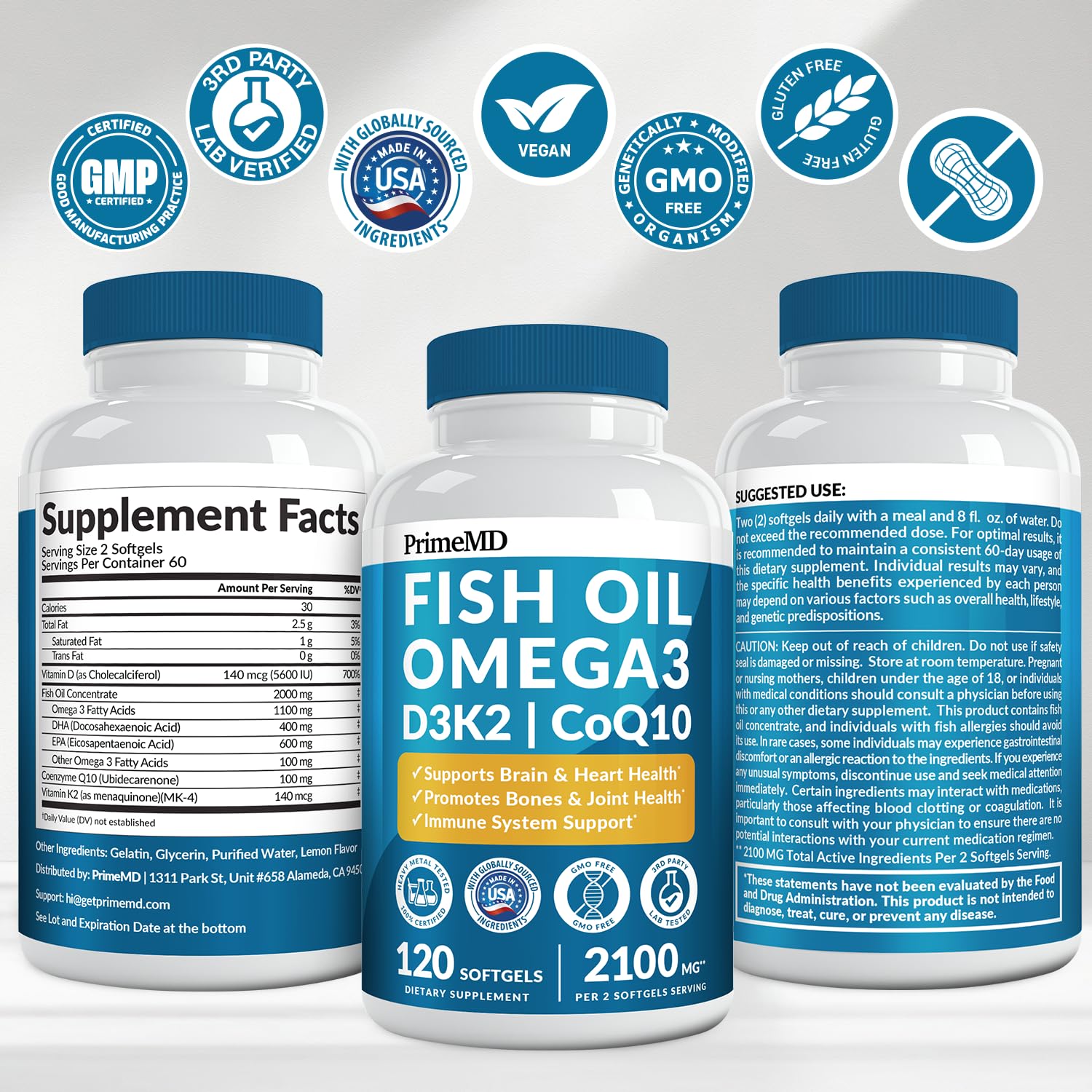 PrimeMD omega-3 nutrition facts highlight 2100mg per serving.