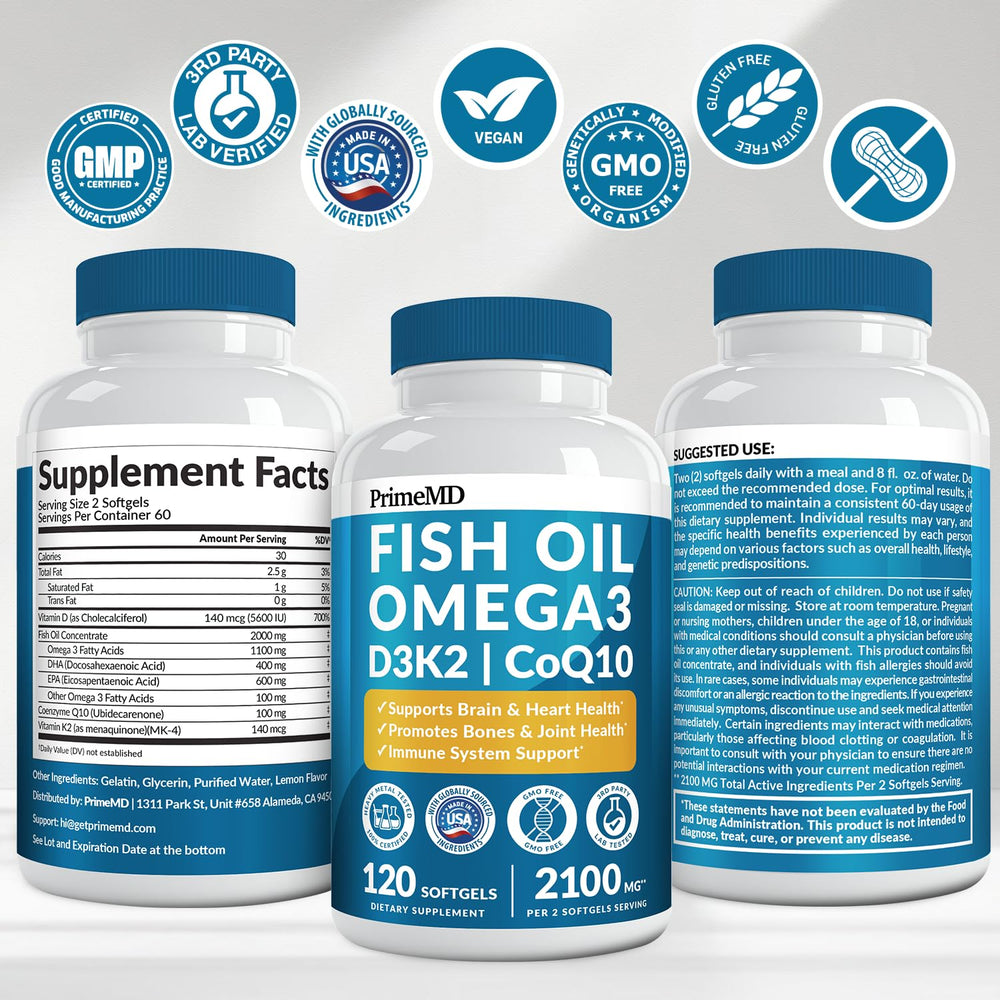 PrimeMD omega-3 nutrition facts highlight 2100mg per serving.