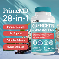 PrimeMD quercetin bromelain capsules closeup showing easy-to-swallow design