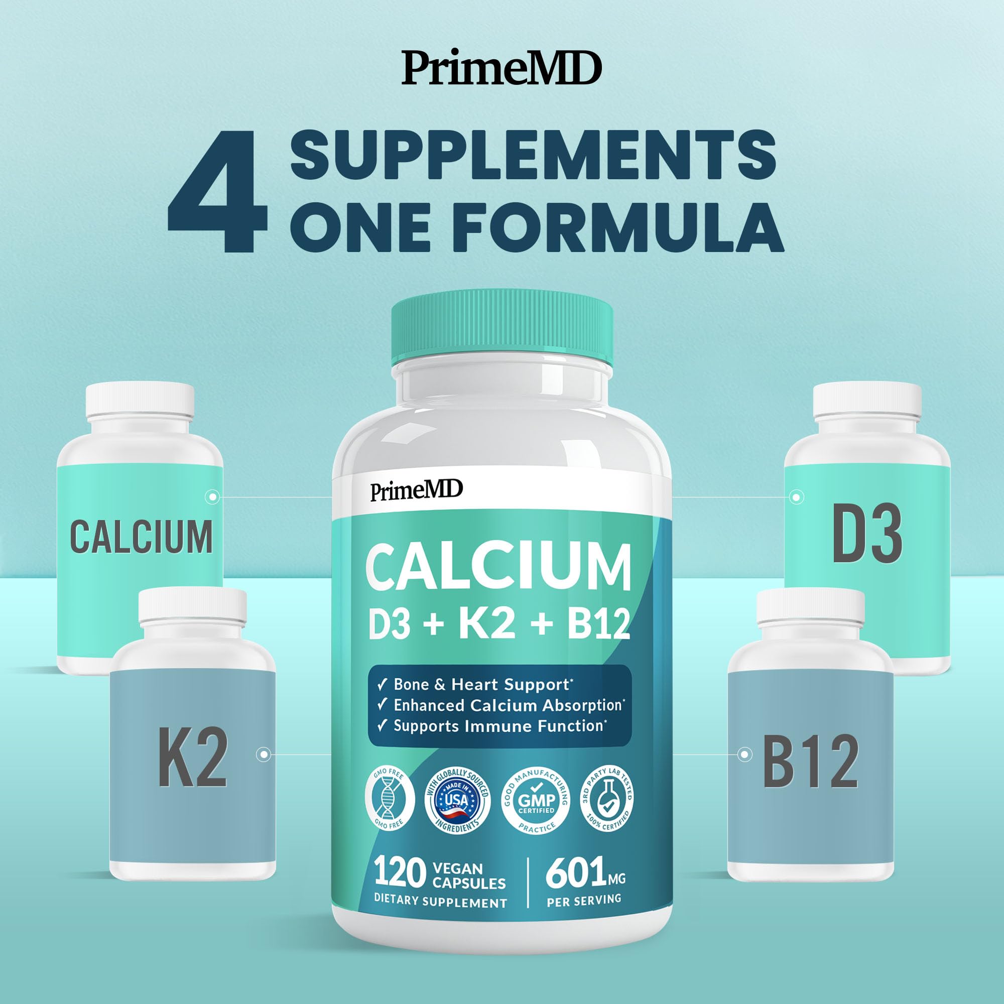 PrimeMD D3 K2 5000 IU capsules support immune health and calcium metabolism.