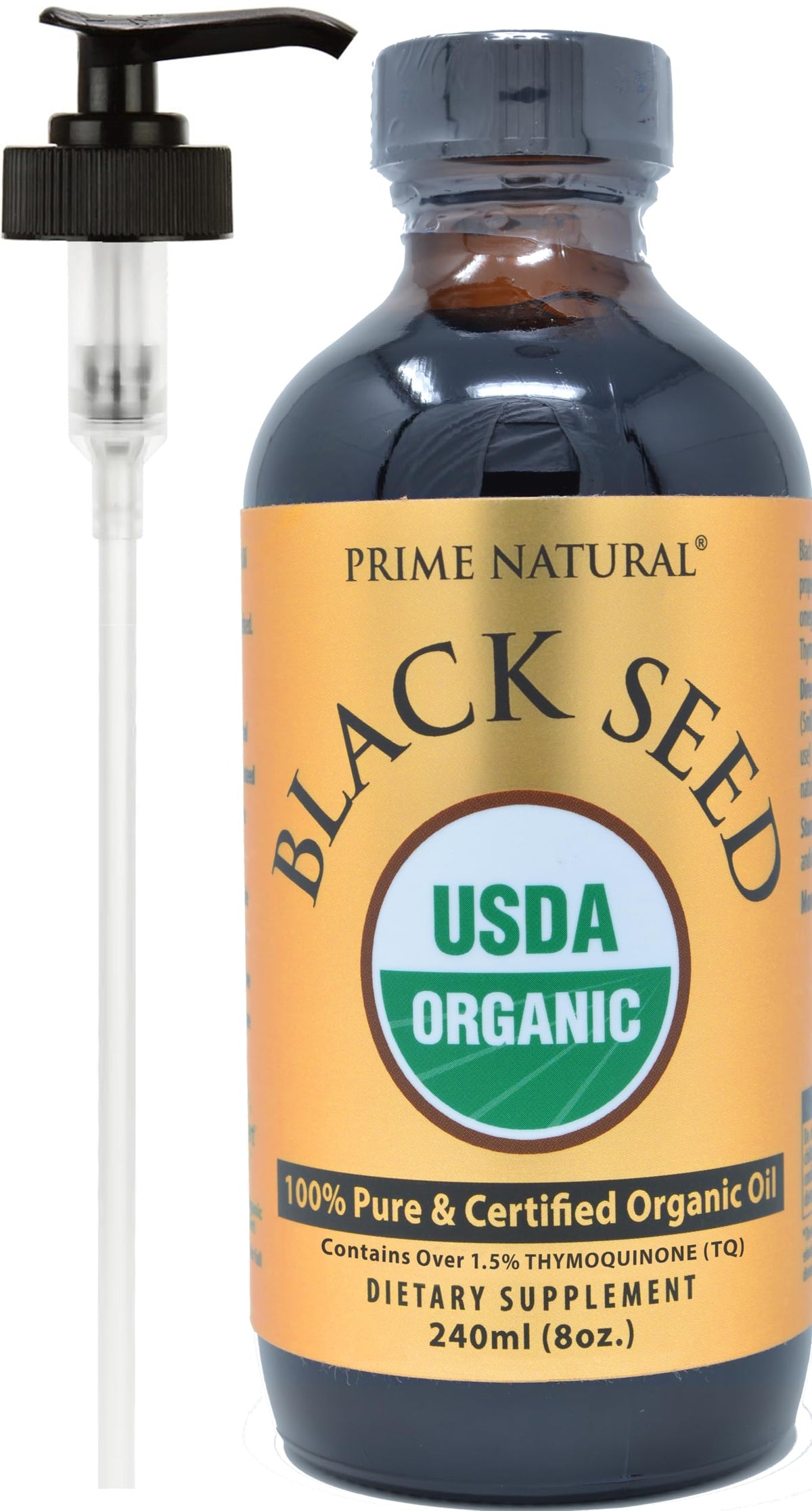 PRIME NATURAL Organic Black Seed Oil 8oz bottle pour for easy daily use.