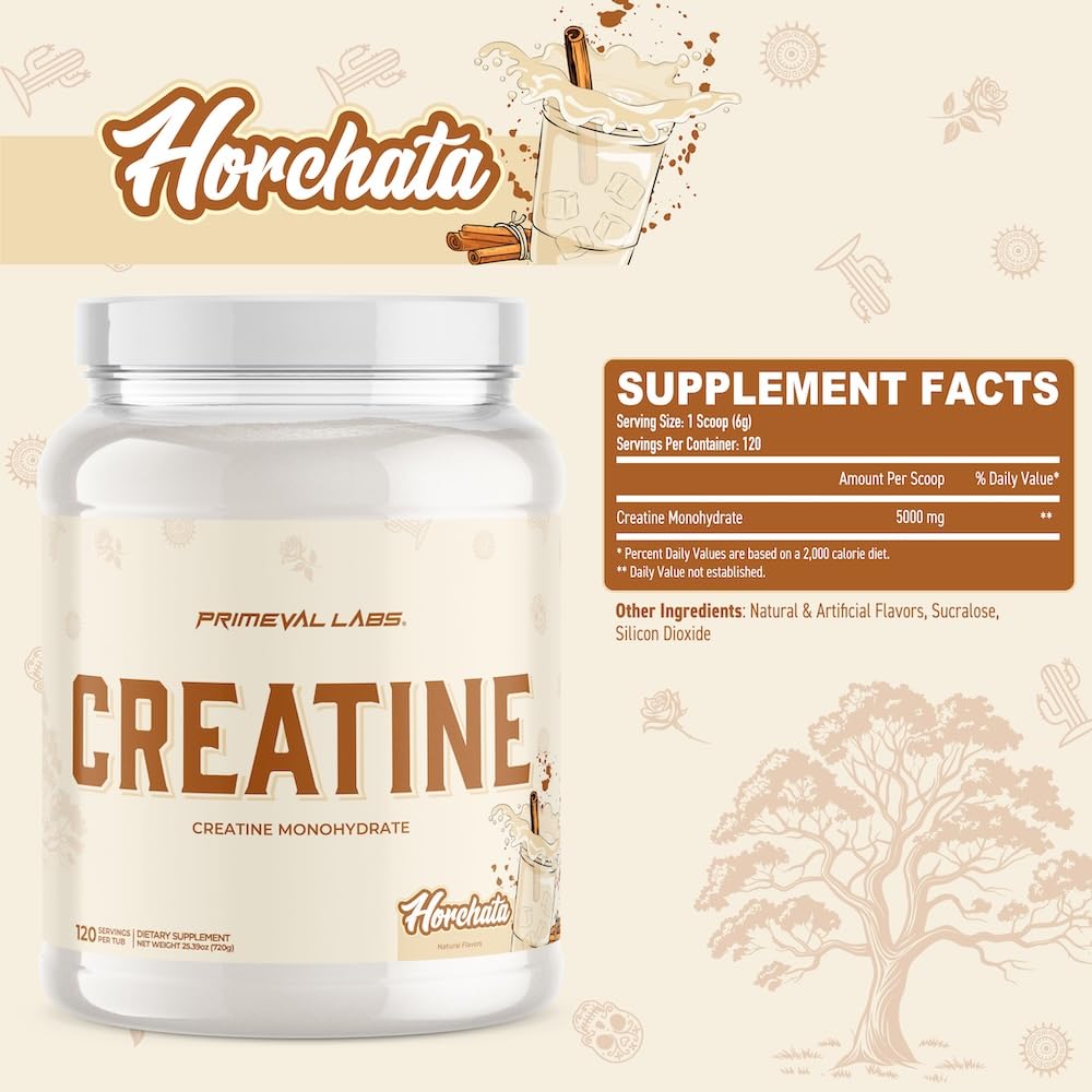 Primeval Labs Clean Creatine Monohydrate label highlighting no artificial colors or dyes.