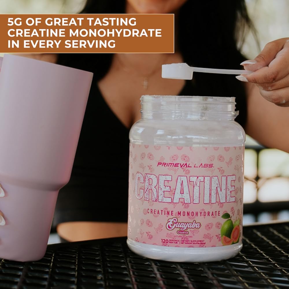 Primeval Labs Horchata flavor creatine in a shaker highlights convenient mixing.
