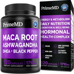 PrimMD 6in1 maca-ashwagandha capsules bottle for steady energy and stamina.
