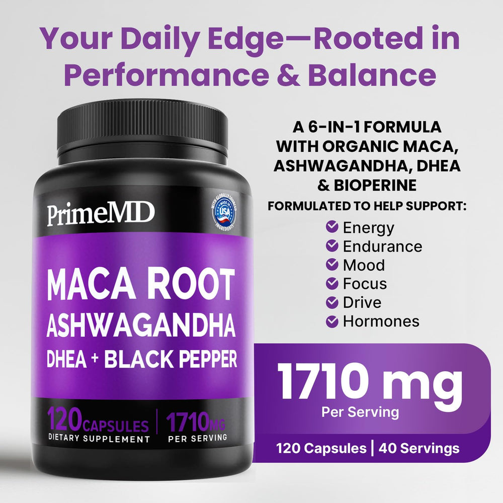 PrimMD organic black maca root powder capsules on a tray for daily vitality.