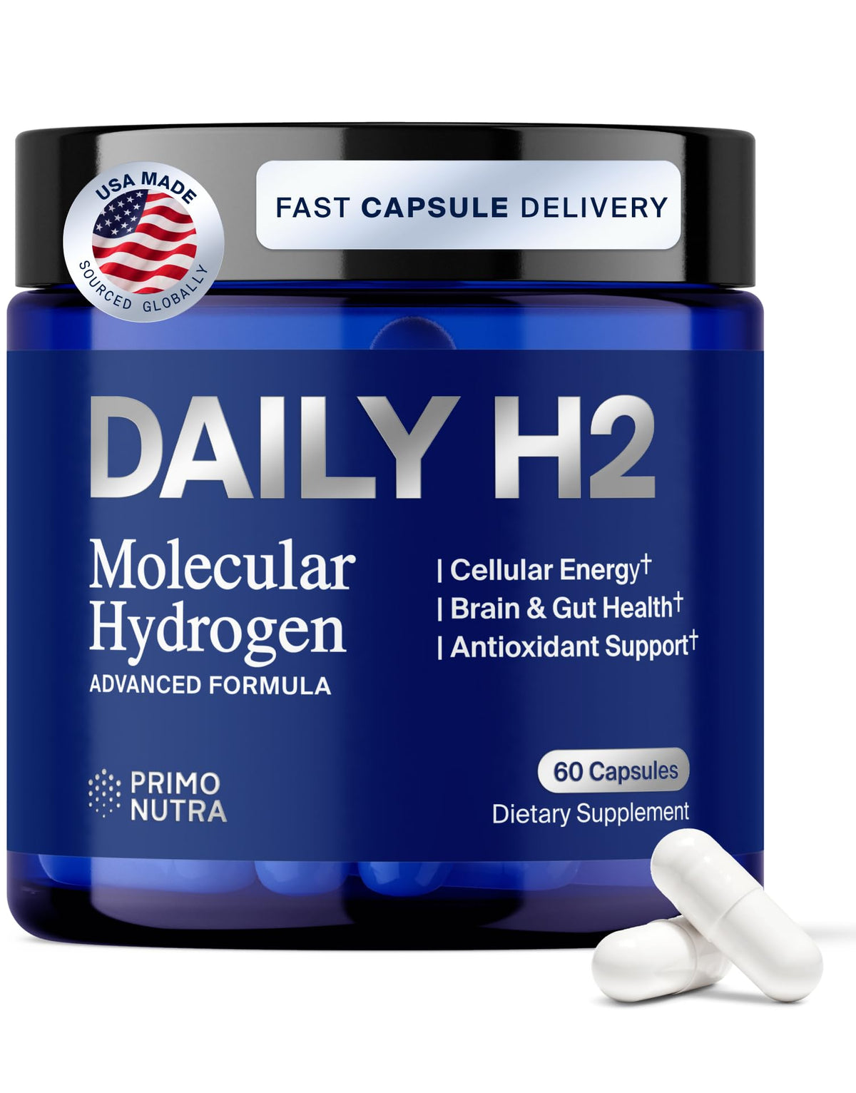 PRIMONUTRA DailyH2 capsules front view for convenient daily antioxidant support.
