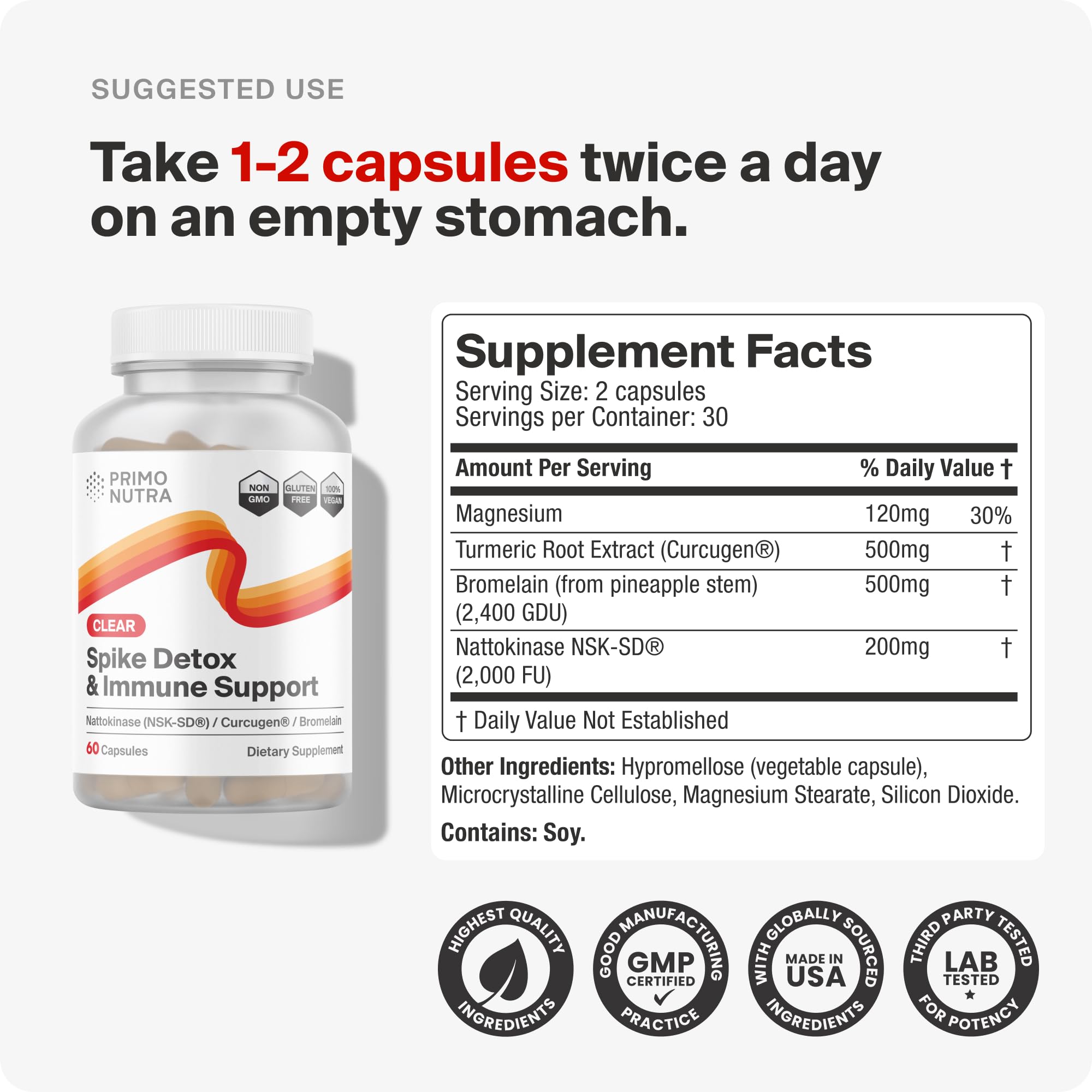 PRIMONUTRA Spike Detox label detail shows branded ingredients and dosage clarity