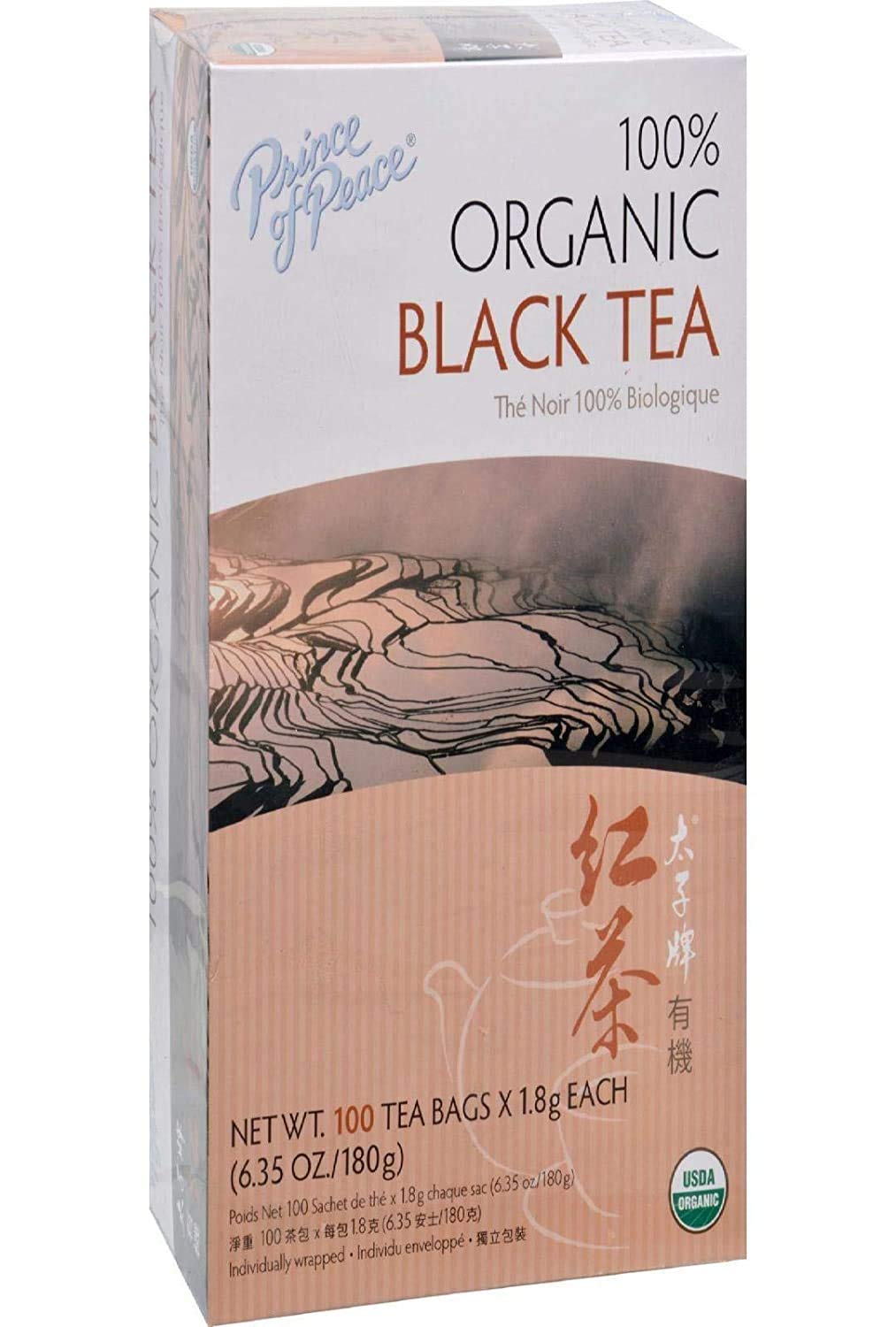 Back-of-pack shows 100-count Prince Of Peace Organic Black Tea bags