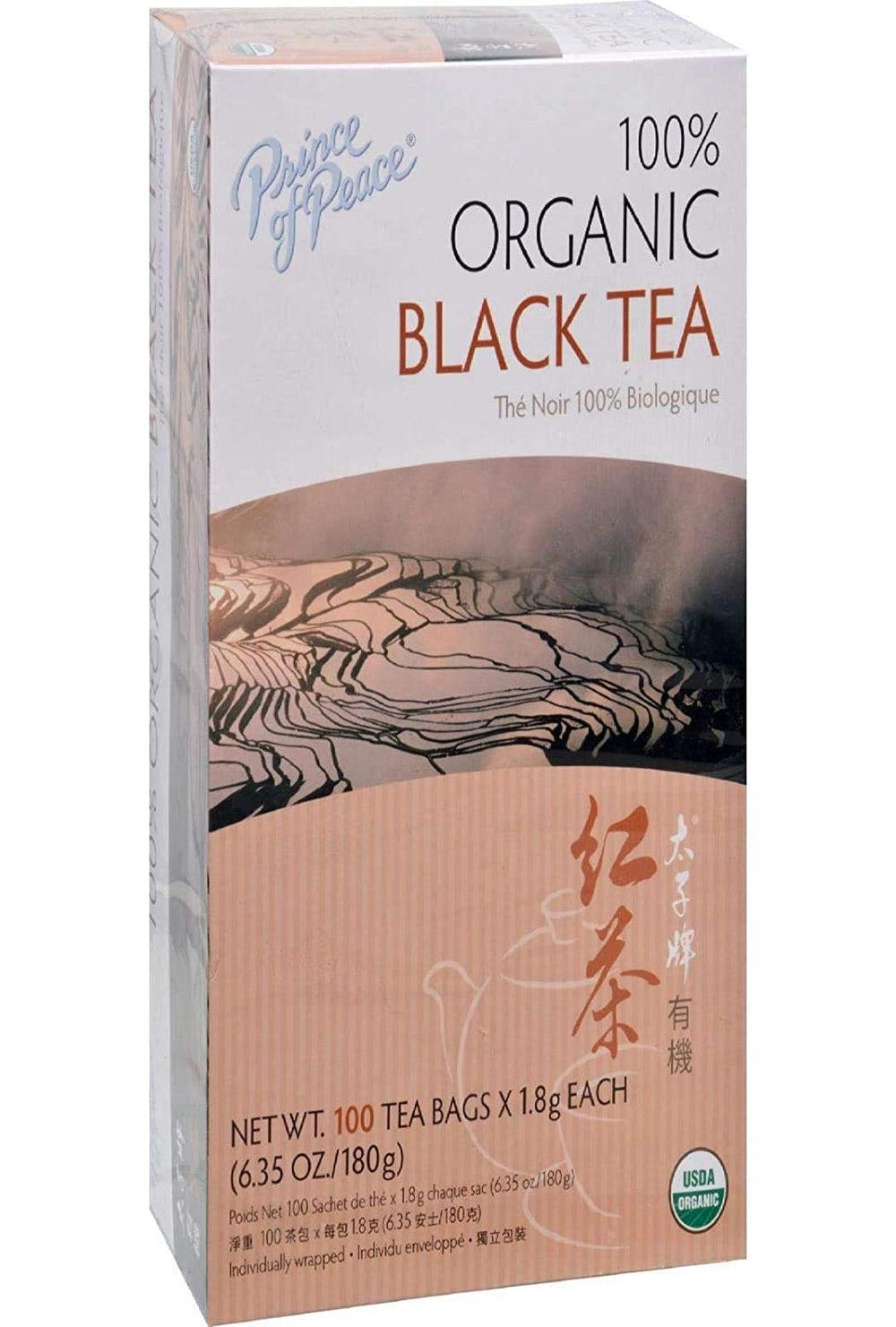 Prince Of Peace Organic Black Tea bags in box, rich aroma and crisp flavor