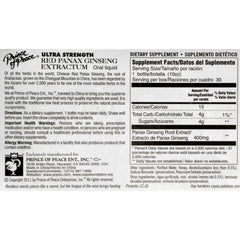 Prince Of Peace Red Panax Ginseng Extractum Ultra Strength packaging label highlights potency and packaging.