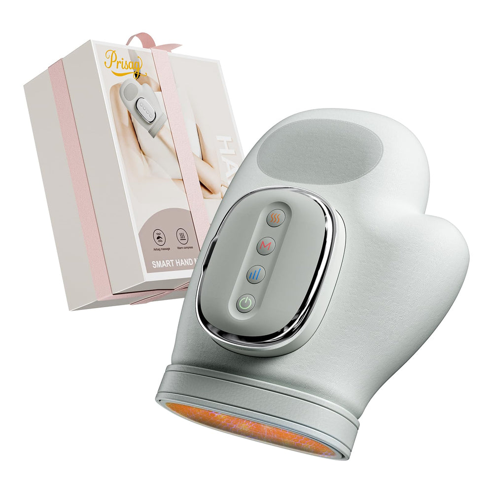 Prisag Hand Massager with heat and compression for targeted finger and palm relief.