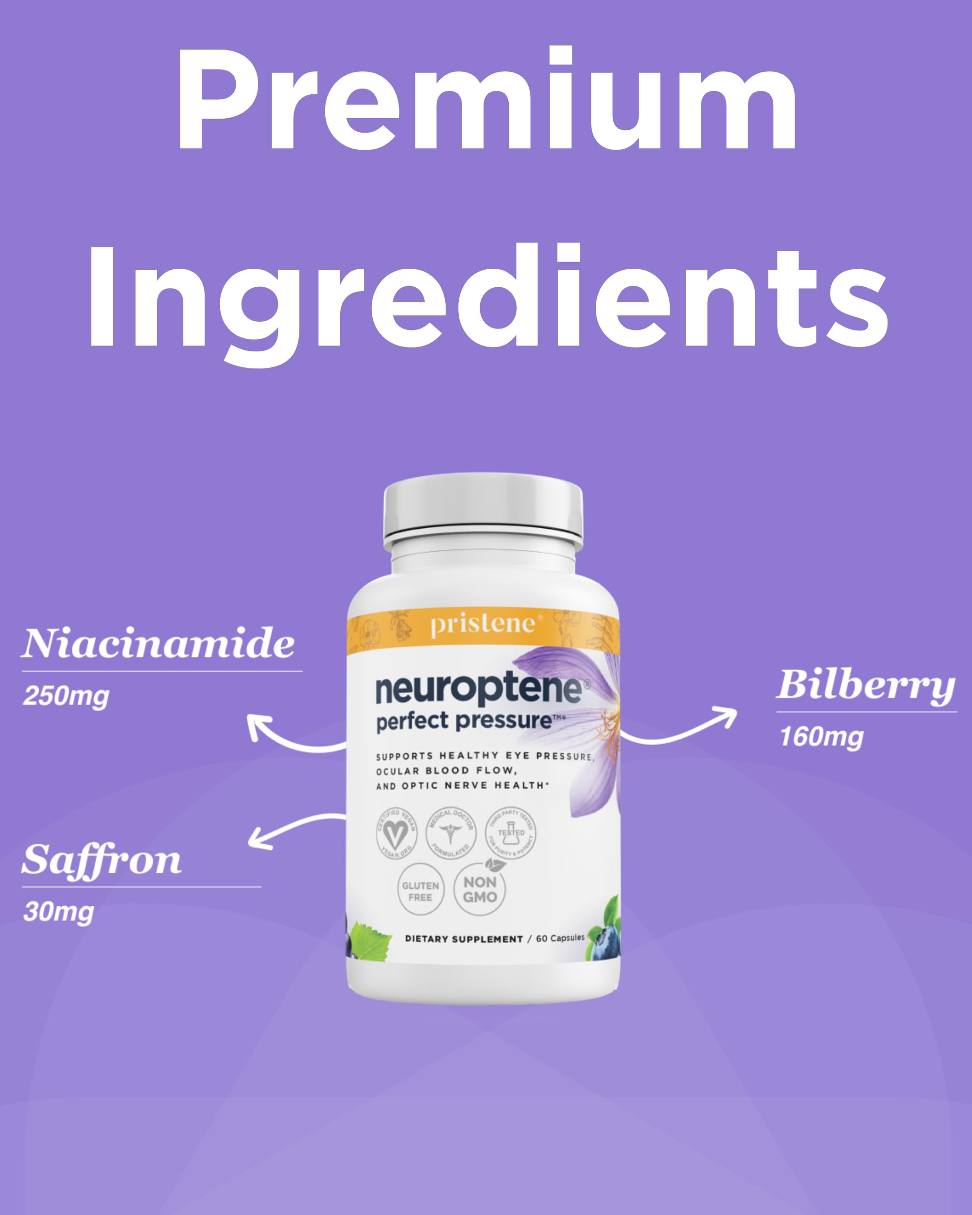 Pristene saffron capsule closeup suggests eye comfort and visual wellness