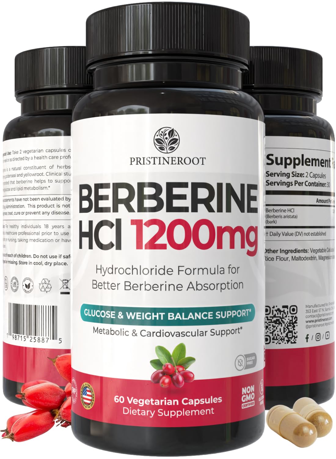 PristineRoot Berberine capsules bottle for daily metabolic support.