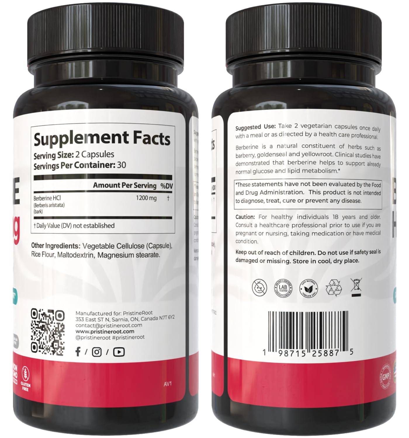 PristineRoot Berberine packaging label shows organic and sugar-free attributes.