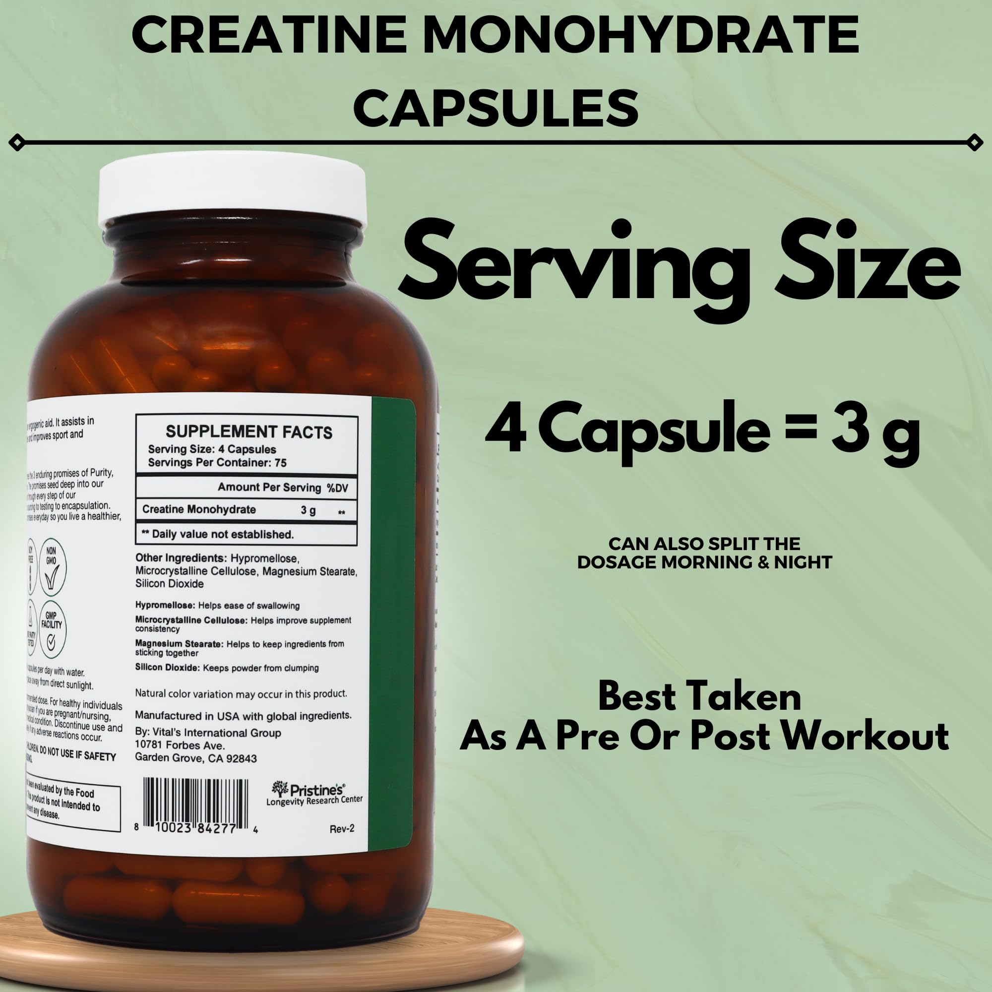 PRISTINE'S Creatine Monohydrate Capsules in-use during workout for recovery support.
