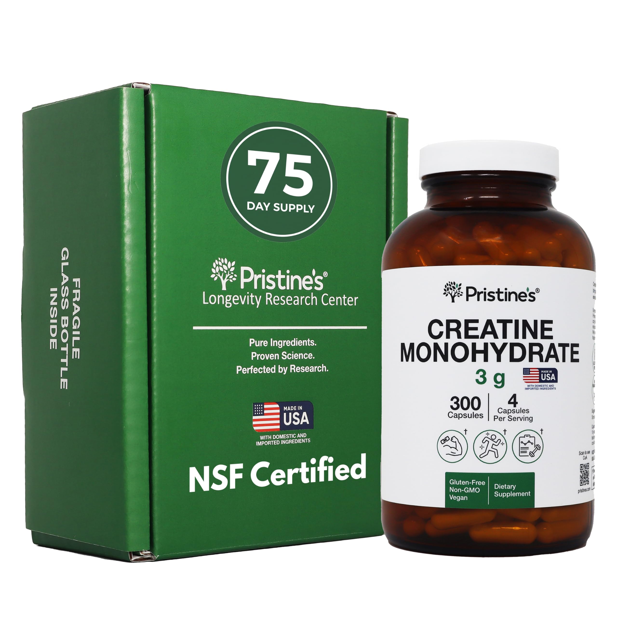 PRISTINE'S Creatine Monohydrate Capsules bottle on a gym bench, signaling steady training energy.