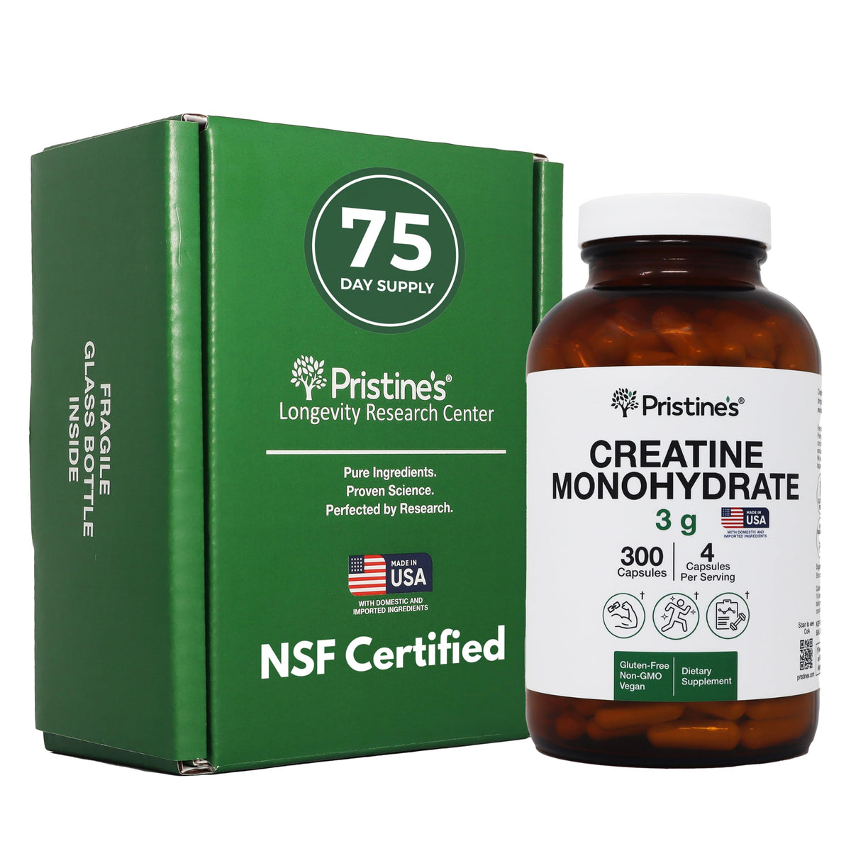 PRISTINE'S Creatine Monohydrate Capsules bottle on a gym bench, signaling steady training energy.