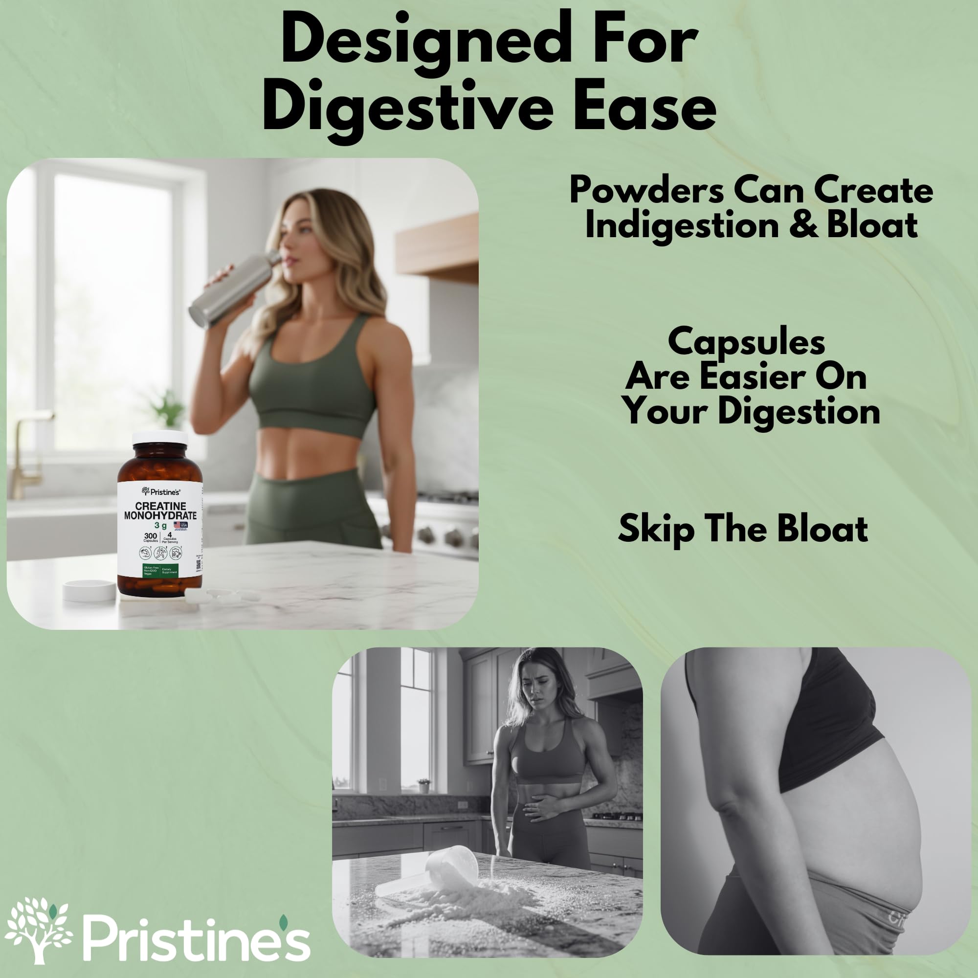 PRISTINE'S Creatine Monohydrate Capsules daily-dose bottle for consistent training.