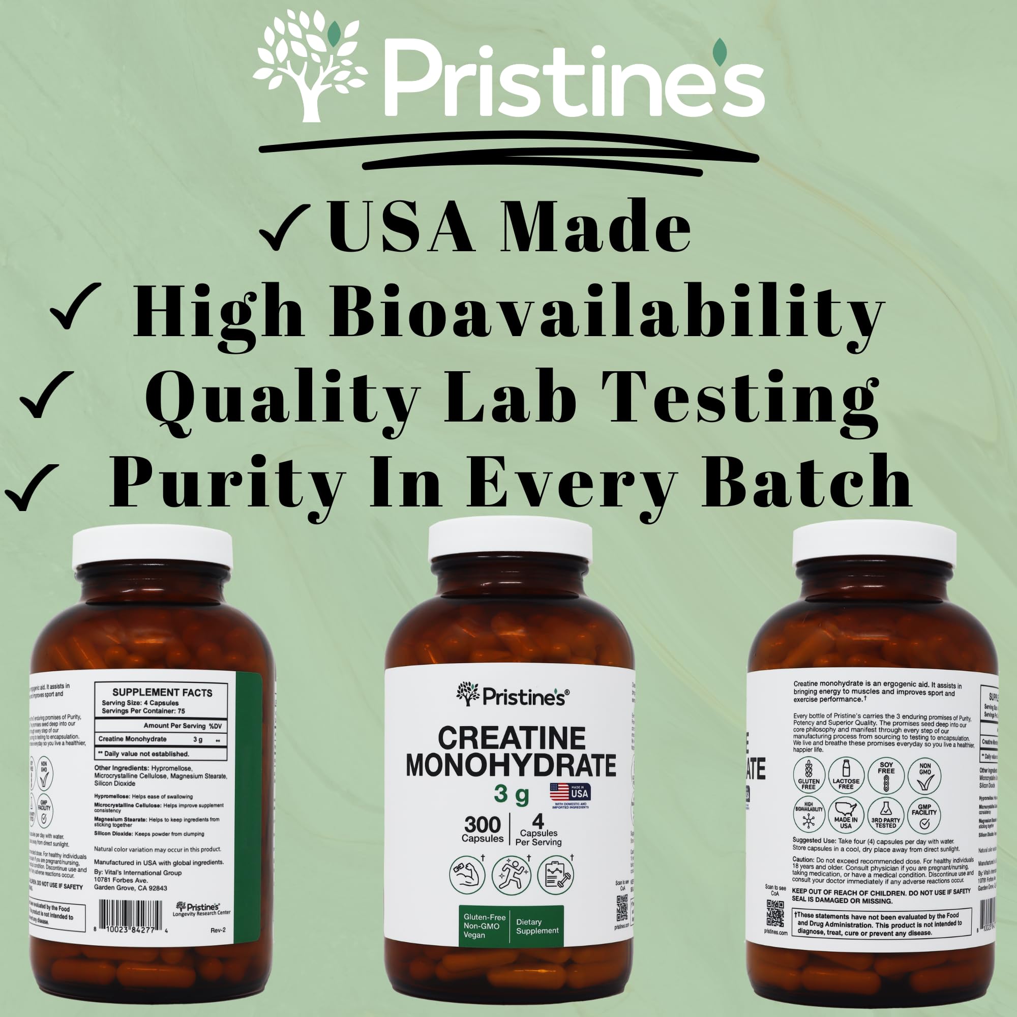PRISTINE'S Creatine Monohydrate Capsules on gym counter signals premium NSF-certified supplement.