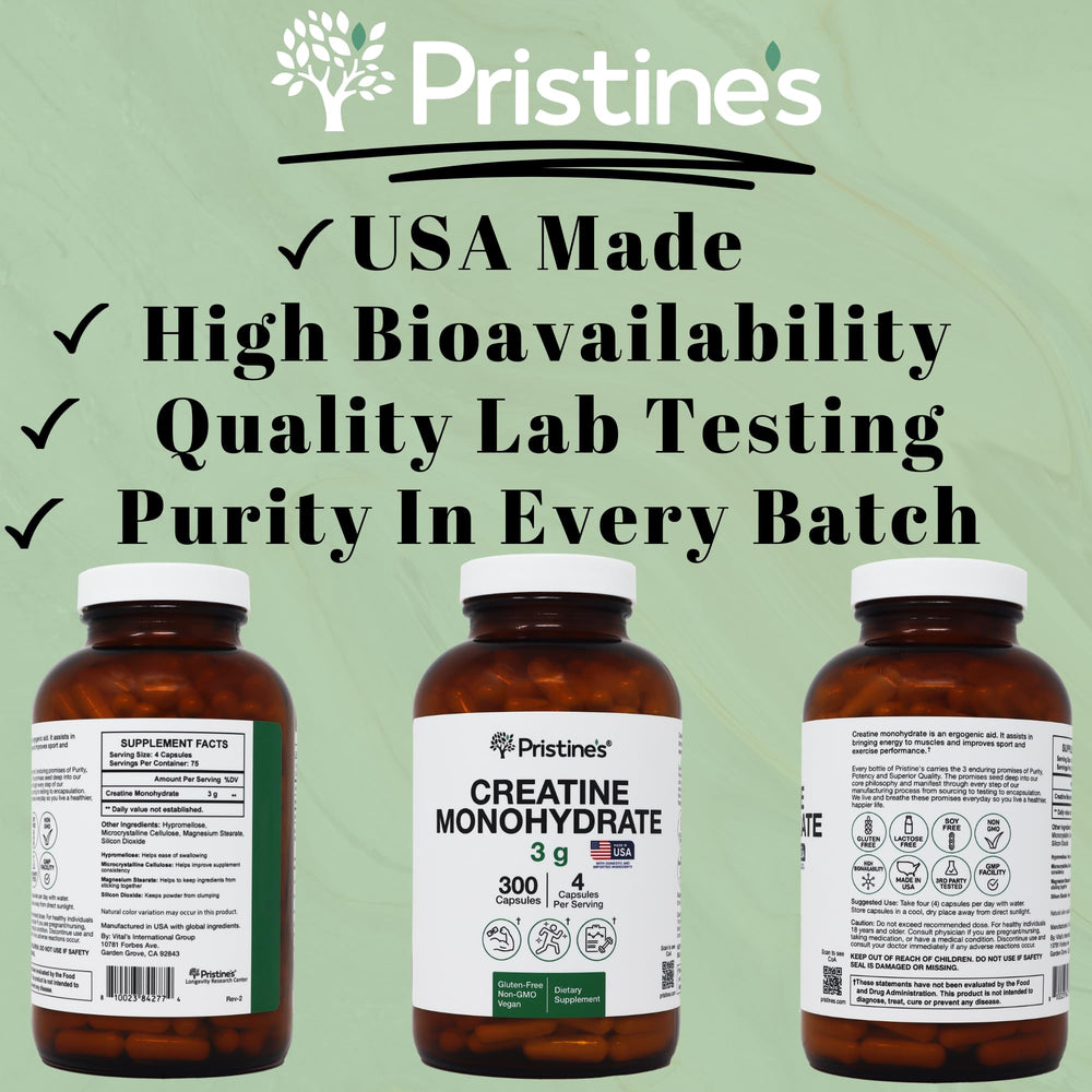 PRISTINE'S Creatine Monohydrate Capsules on gym counter signals premium NSF-certified supplement.