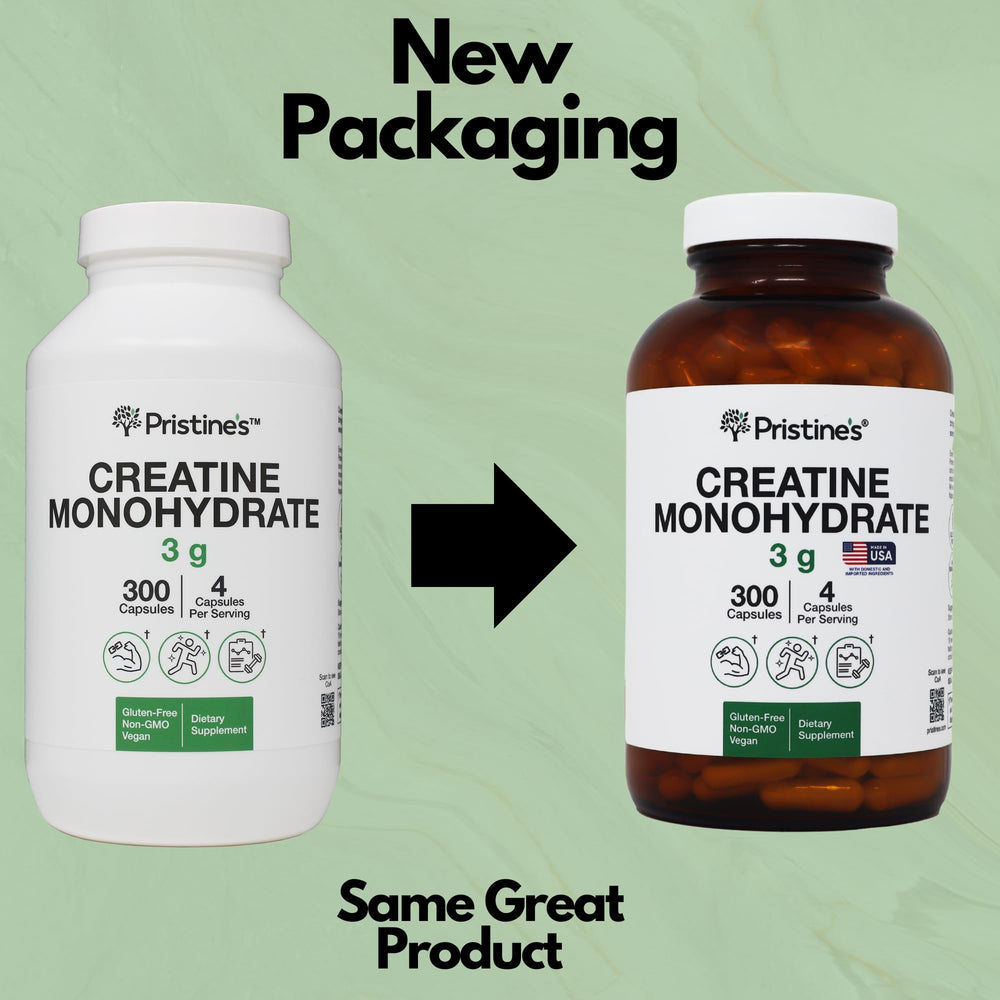 PRISTINE'S Creatine Monohydrate Capsules packaging shows clear dosage info.