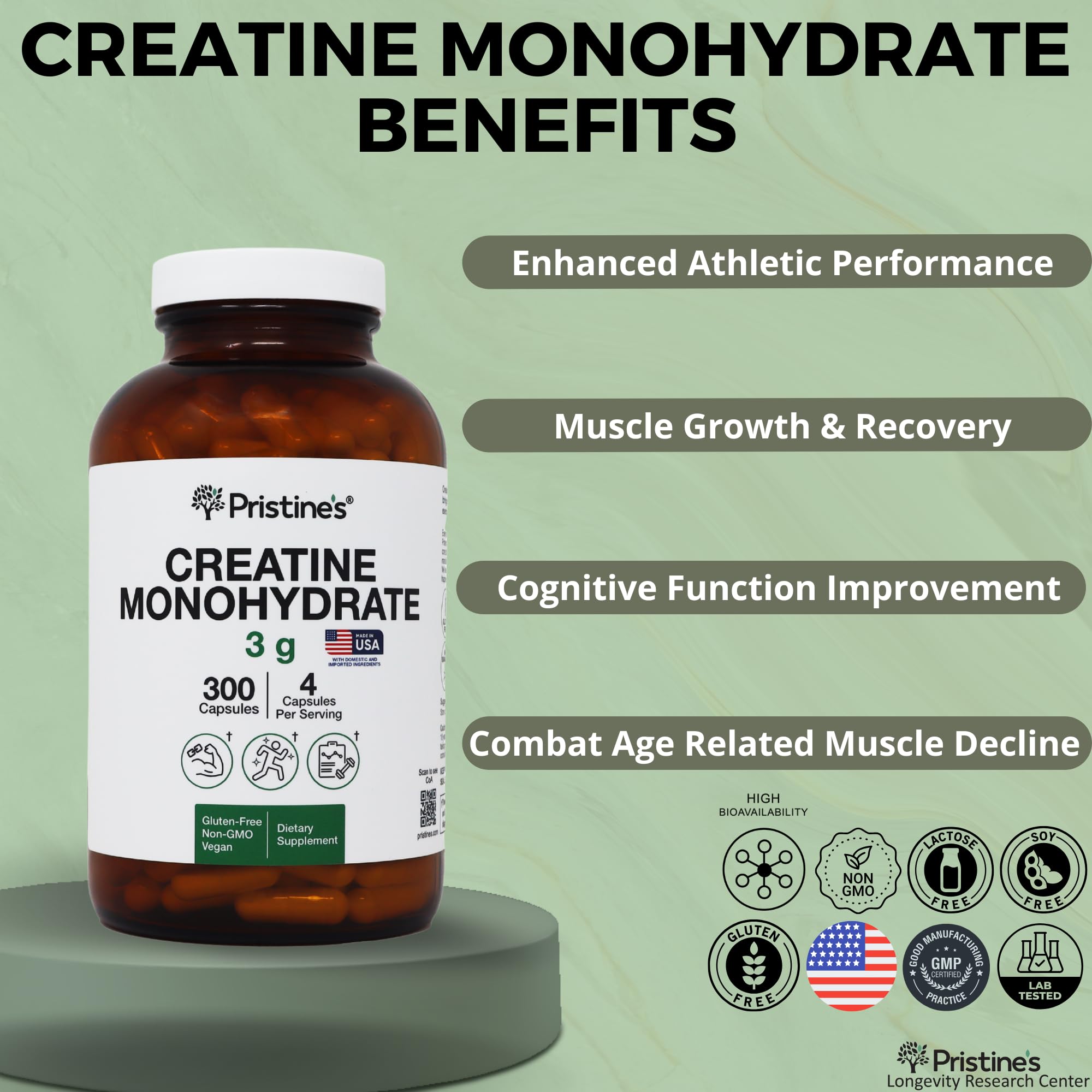 PRISTINE'S Creatine Monohydrate Capsules pour daily intake during workouts.